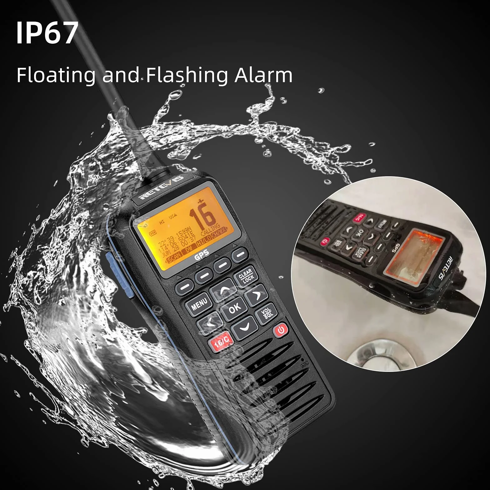 Retevis RM40 Talkie Walkie Marine IP67 VHF Marin Portable Flottant GPS Noir