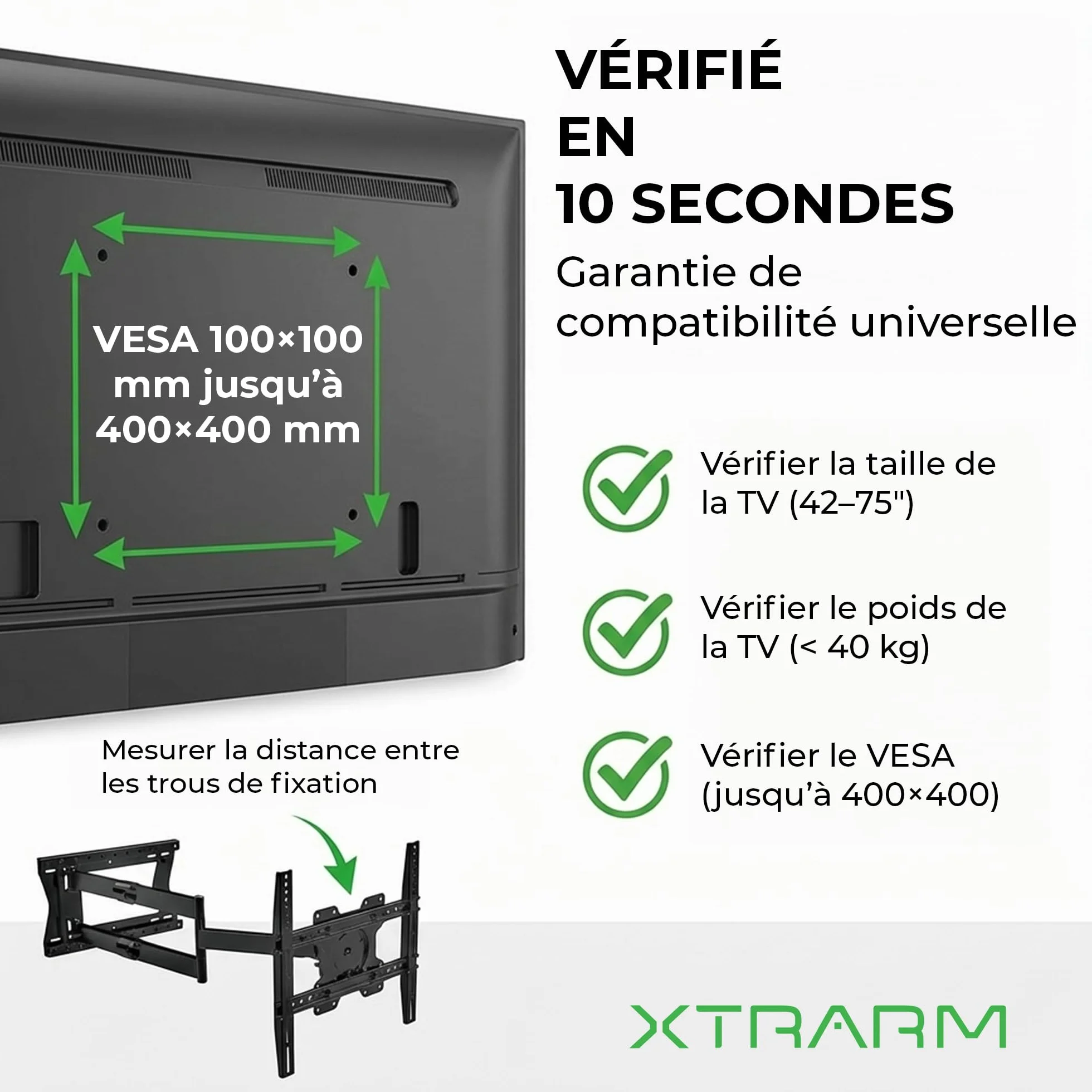 TiTon 120 cm - Support Mural TV - 40 kg - VESA 400x400 - Fixation Murale TV de 42 Pouces à 75 Pouces - Kit Complet d’Installation Inclus