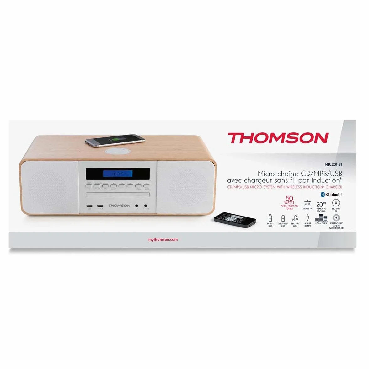 THOMSON Micro Chaîne Bluetooth Lecteur CD HiFi 50W Radio FM Chargeur Smartphone sans-Fil Induction Compatible Samsung Galaxy MIC201IBT