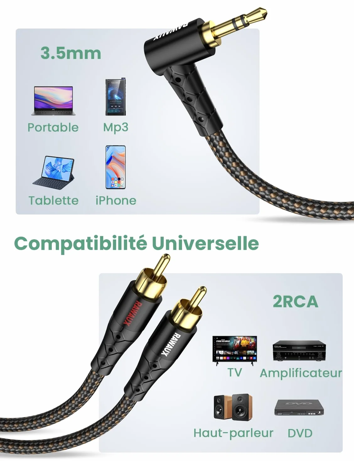 Câble RCA Jack Audio Stéréo 1M 90 Degrés 3.5mm vers 2RCA Mâle Câble Adaptateur Audio 2RCA Auxiliaire pour TV, Smartphone, Tablette, Home Cinéma, Amplificateur (2 RCA à 3.5 - Noir)