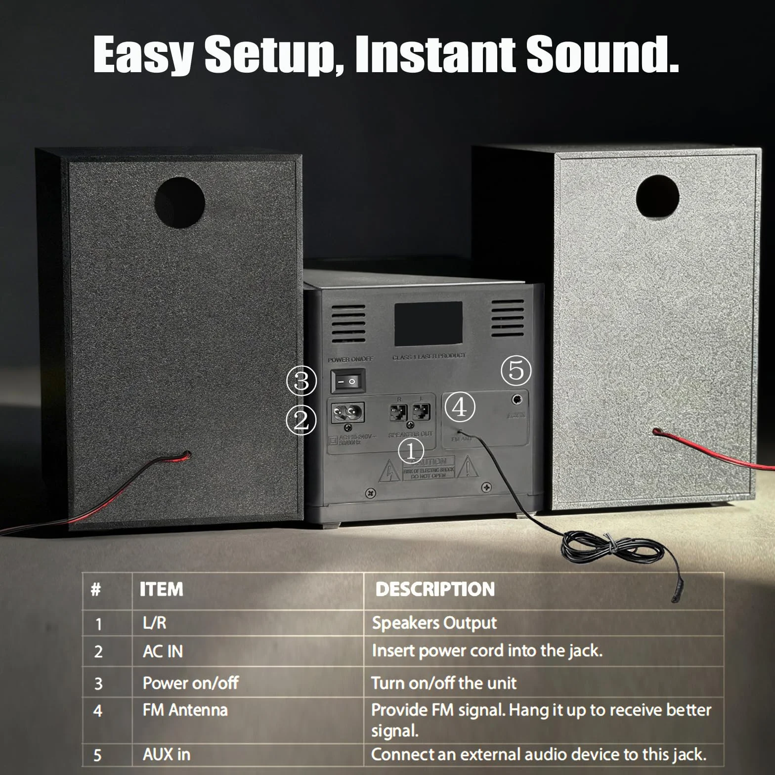 Micro Chaîne Hi-FI Stéréo Système compacte - avec Lecteur CD, Bluetooth, Radio FM, USB, AUX-in, écran LED et Grand Bouton, télécommande (EU-128BT) | Lecteur CD, Bluetooth, radio FM, entrée USB/AUX, sortie casque, technologie DSP, suppression des sons et b