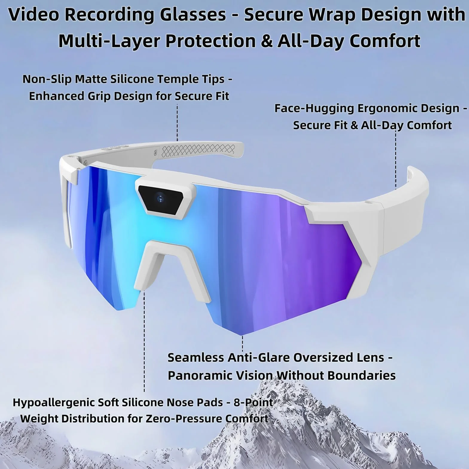 Lunettes De Caméra 1080P pour Le Cyclisme, Lunettes De Soleil avec Caméra, Audio Et Vidéo, pour Cyclistes, Snowboarders, Randonneurs, Vloggers, Course, Ski, Camping, Pêche