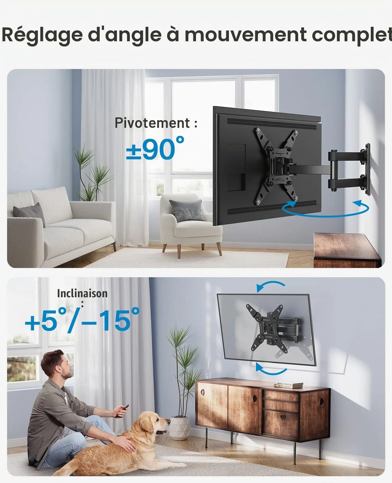 PERLESMITH Support Mural TV 13-42 Pouces 20KG Orientable Inclinable Rotation 360° Bras Accroche TV VESA 200x200mm