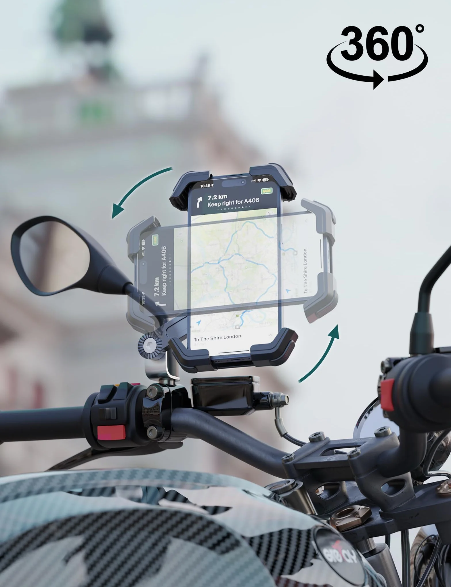 Grefay Support Téléphone Moto Support Telephone Scooter[2025 Double Amortissement des Vibrations] Support Téléphone pour Rétroviseur Moto avec Rotation à 360° pour Smartphone de 4,5-7,2 Pouces