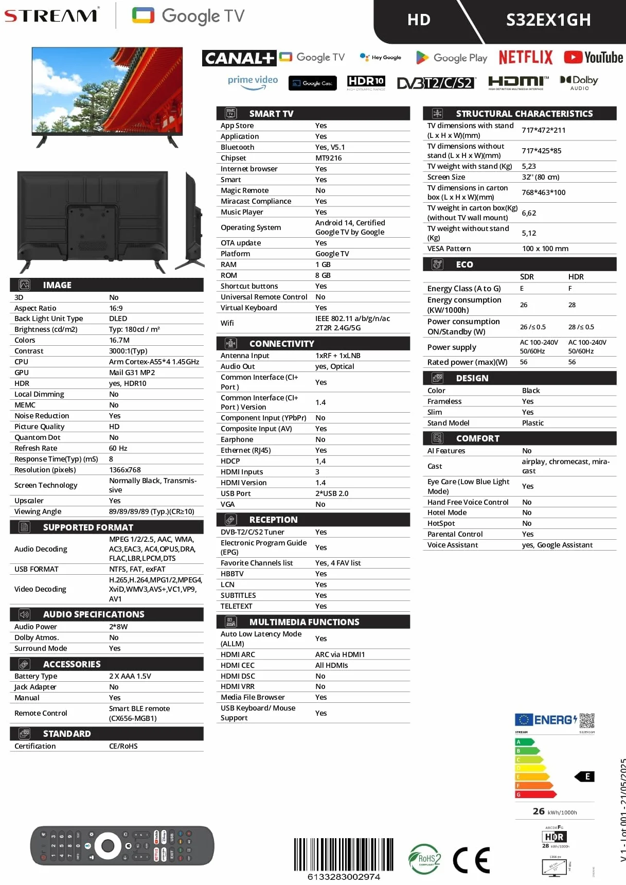 Stream System Google TV Smart 32", HD Ready, 5 Ans de Garantie, HDR10, sans Cadre, Assistant Google, Chromecast intégré, modèle S32EX1GH (2026)