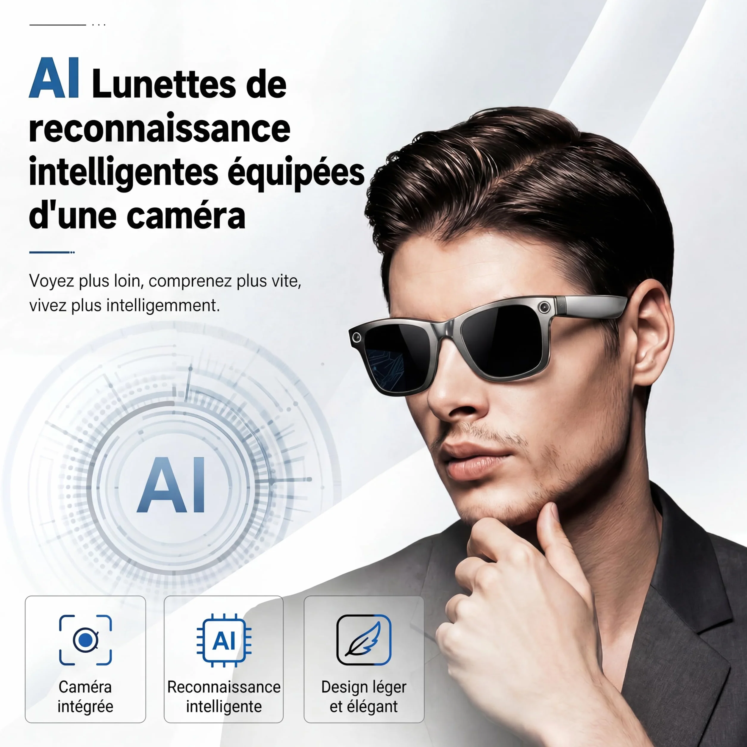 Korons Lunette Connectée Lunettes Connectées avec Assistant Vocal IA Reconnaissance Intelligente Caméra HD Bluetooth Smart Glasses Idéales pour Travail et Voyage (Photochromique)