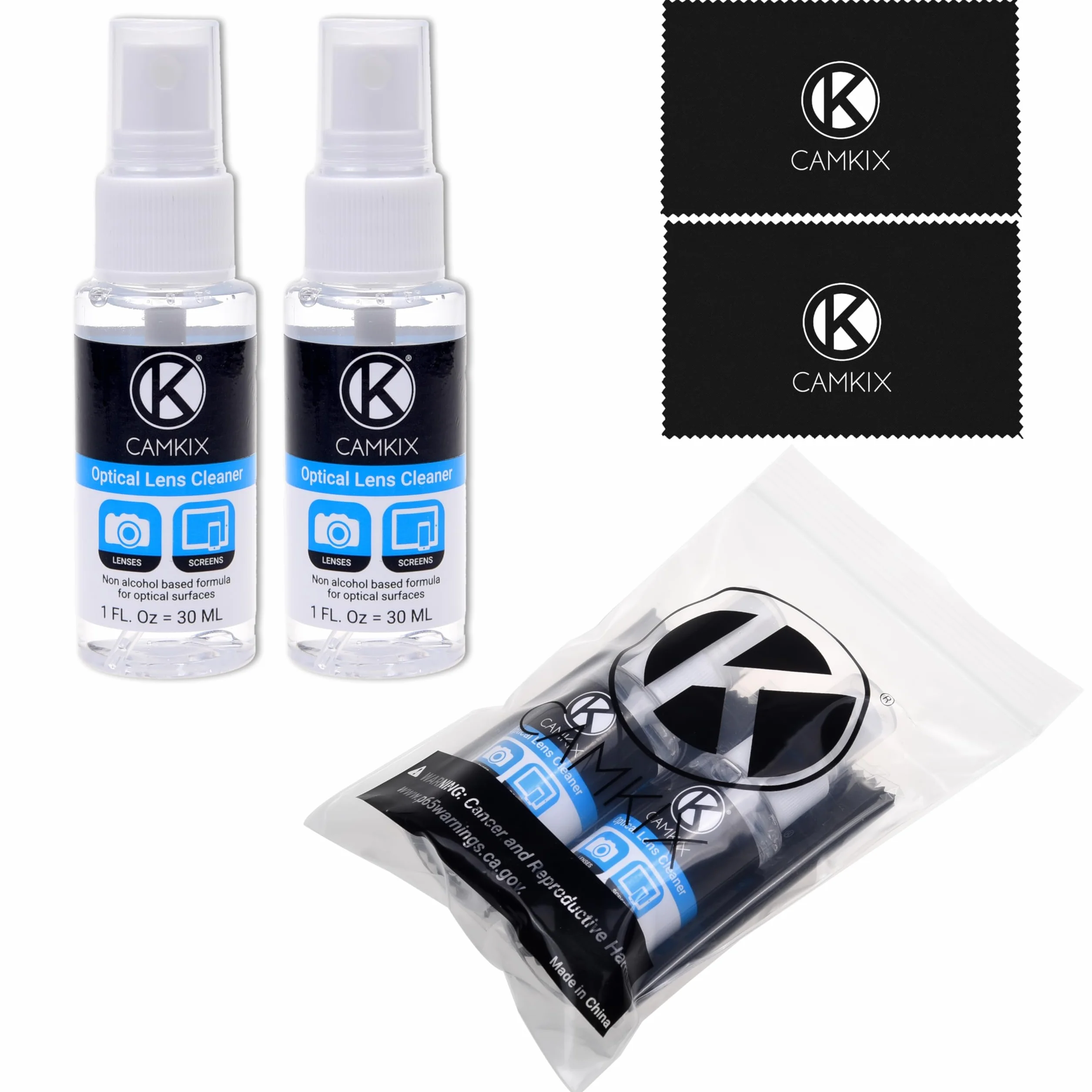 Kit Camkix Nettoyage : Flacon de Liquide, Chiffons Micro-Fibre. pour appareils Photo DSLR, caméra Go Pro, Smartphone, Tablette, Notebook.