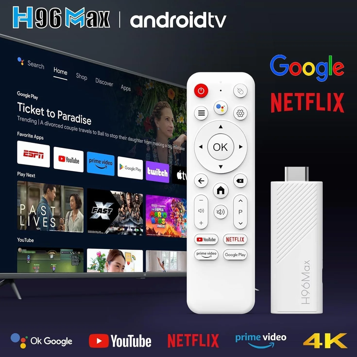 IPTV H96 Max TV Stick, TV Gratuite et en Direct,UHD Android 14,(Nouvelle génération) | Smart TV Gratuite et en Direct,Compatible Assistant Vocal, Chromecast Built-in Streaming 4K.