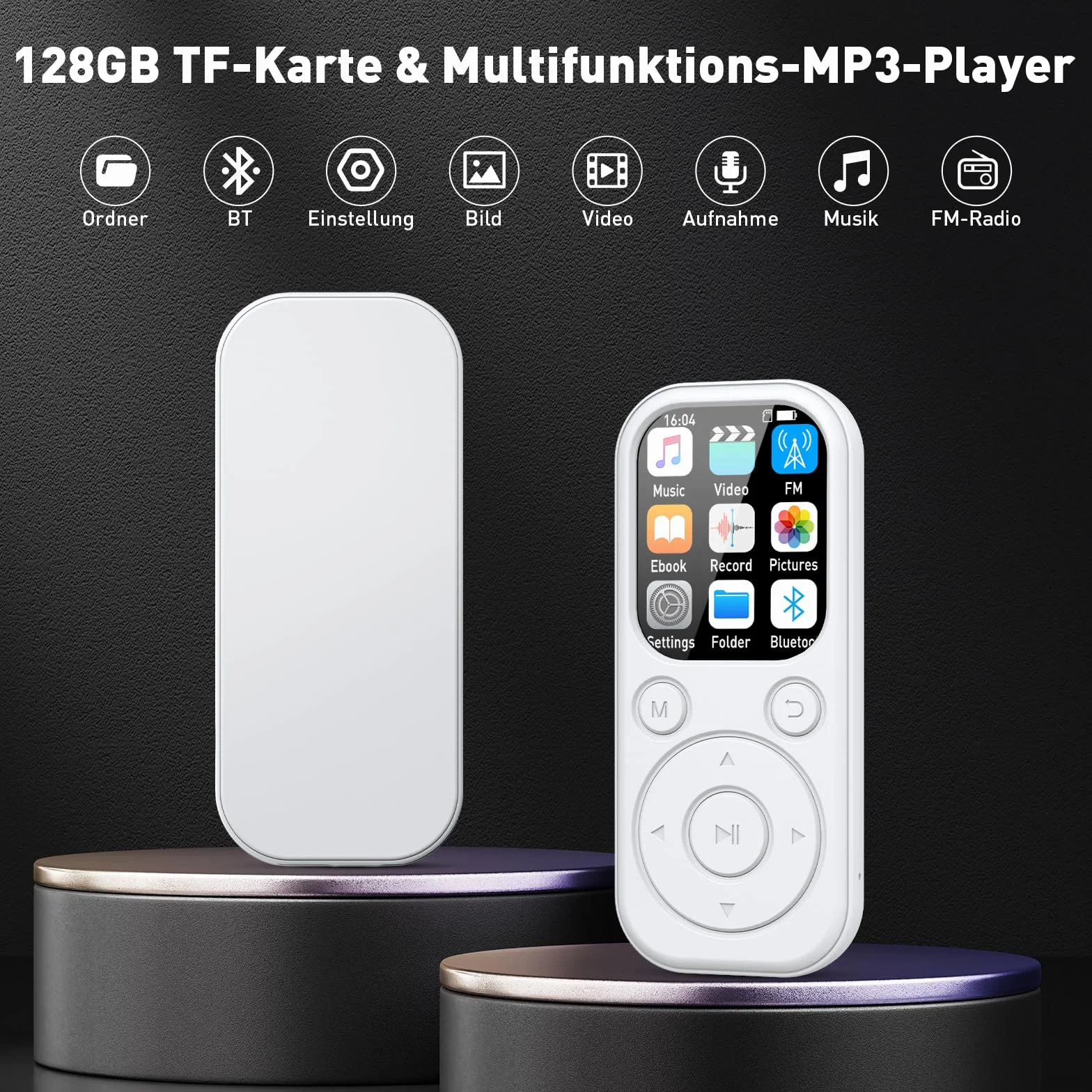 Lecteur MP3 Bluetooth 128 Go avec Radio FM, Enregistreur Vocal, Son HiFi, Blanc