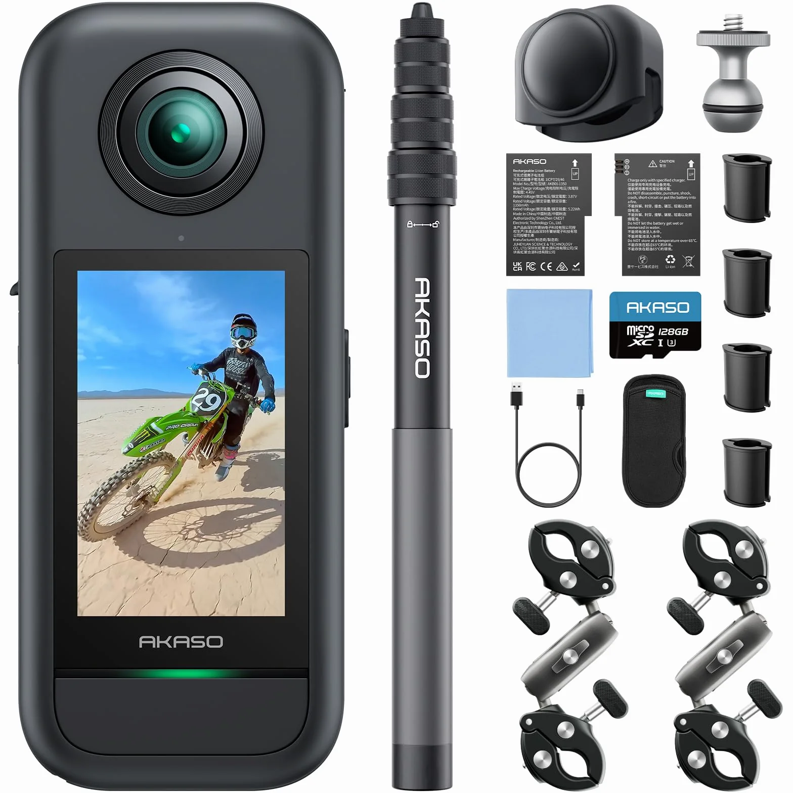 AKASO 360 Kit Moto pour Caméra d'action, Camera Sport à 360° avec Carte Mémoire 128 Go, 5.7K 360 Vidéo, 72MP Photo, SuperSmooth, 2.29" Écran Tactile, Effet Selfie Stick Invisible, Horizon 360° Lock
