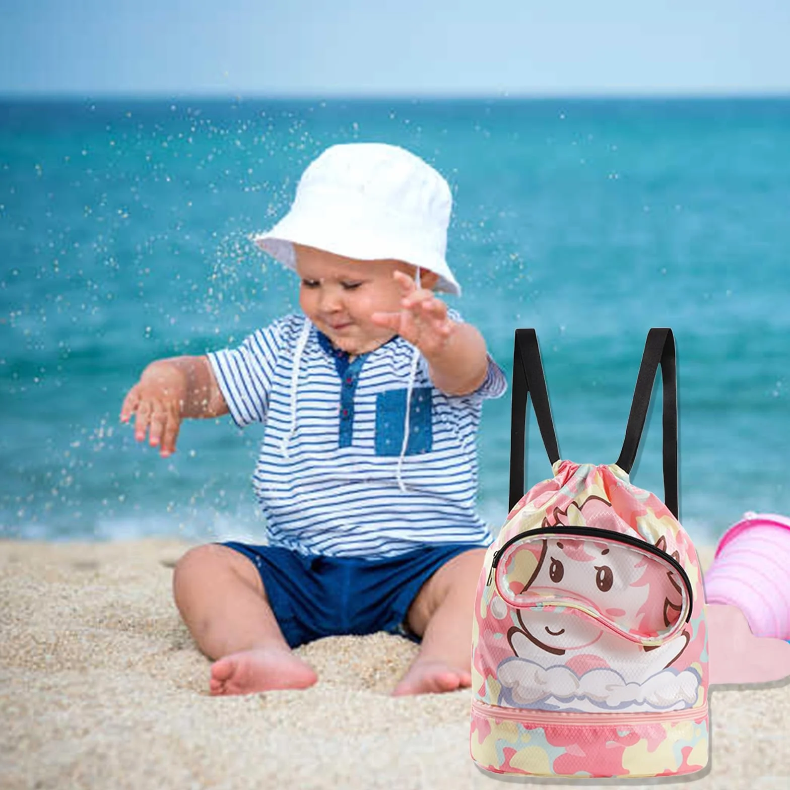 Sac Piscine Enfant avec Cordon, Séparation Sèche et Humide, Sac de Sport Réglable Rose