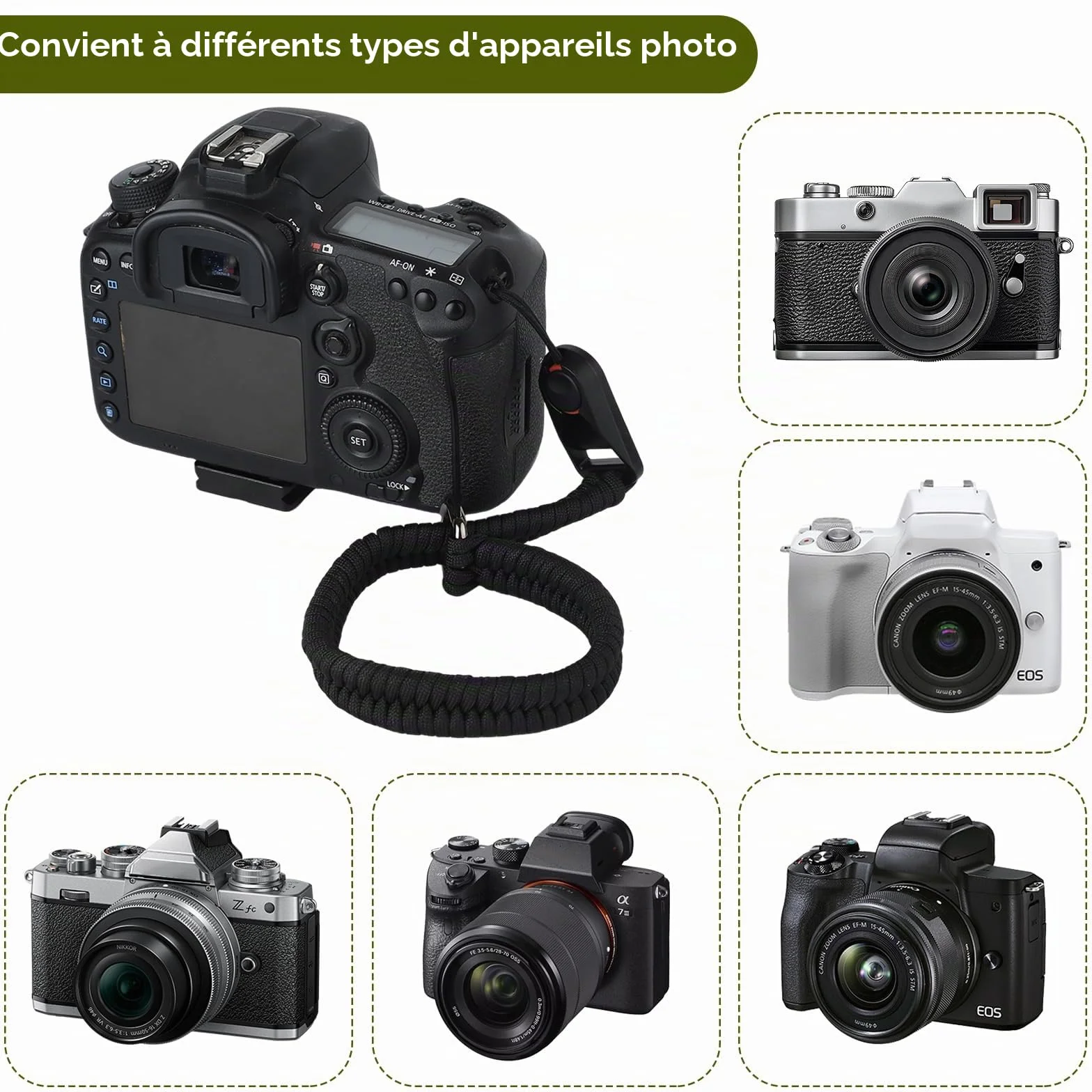 Lot de 2 sangles de poignet pour appareil photo reflex numérique, sangles de sécurité réglables en corde paracorde