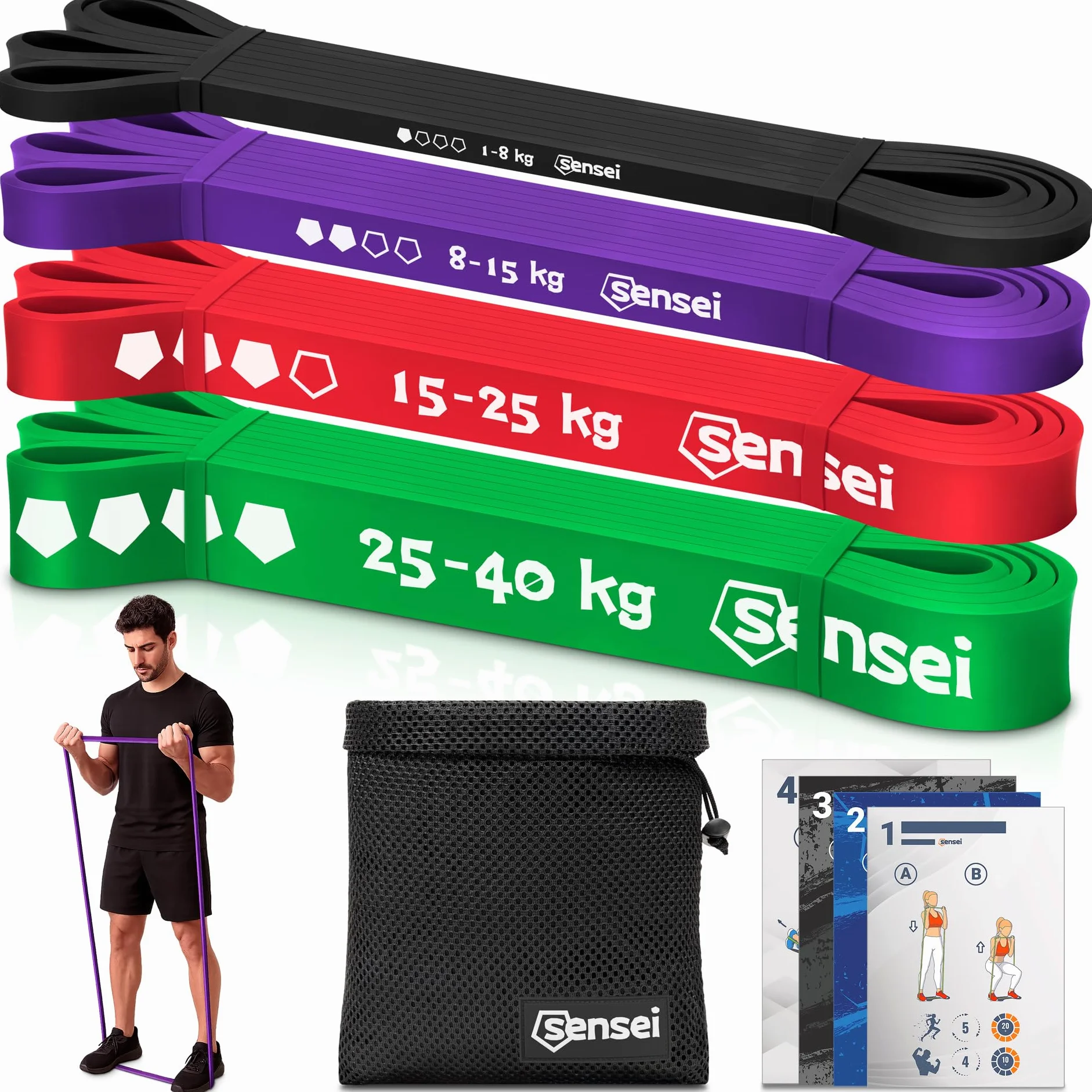 SENSEI Élastique Musculation Bande Élastique Fitness en Latex Naturel avec Guide, E-Book & Sac