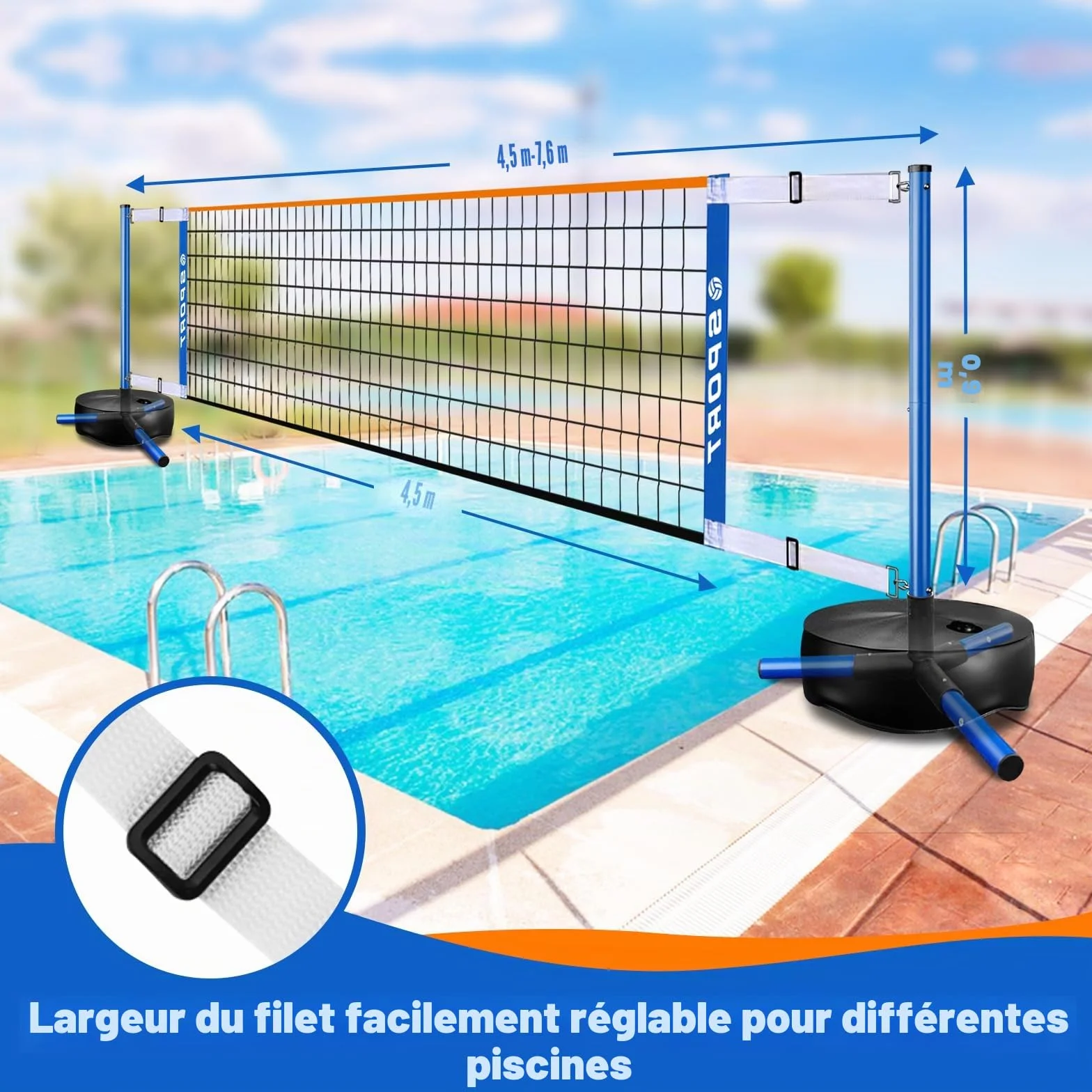 Filet de volleyball de piscine portable intérieur/extérieur avec 2 balles, base robuste, réglable 4,5-7,6 m
