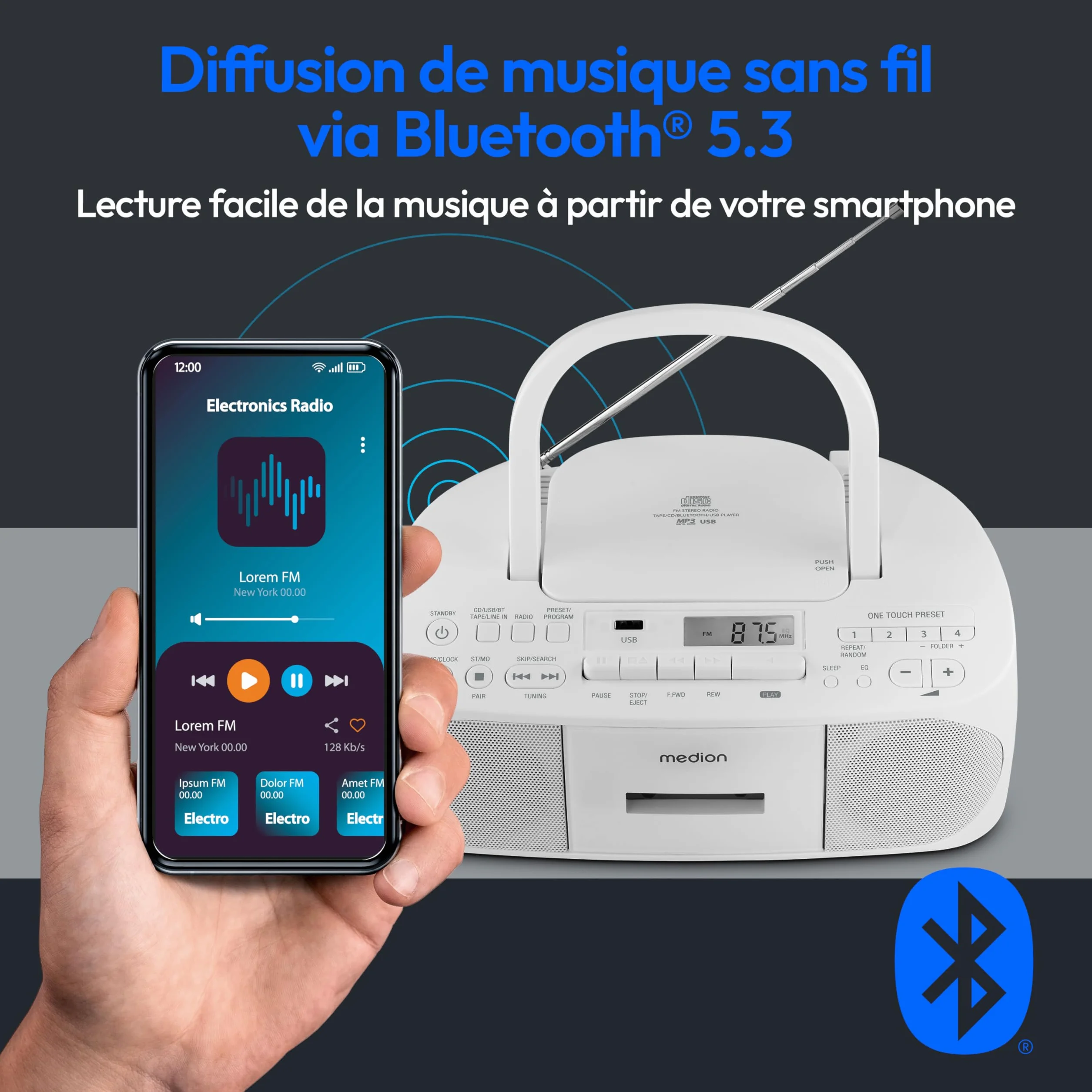 MEDION Radio Stéréo E65010 Lecteur CD Cassette USB AUX MP3 FM PLL 40 Stations Batterie Télécommande Blanc