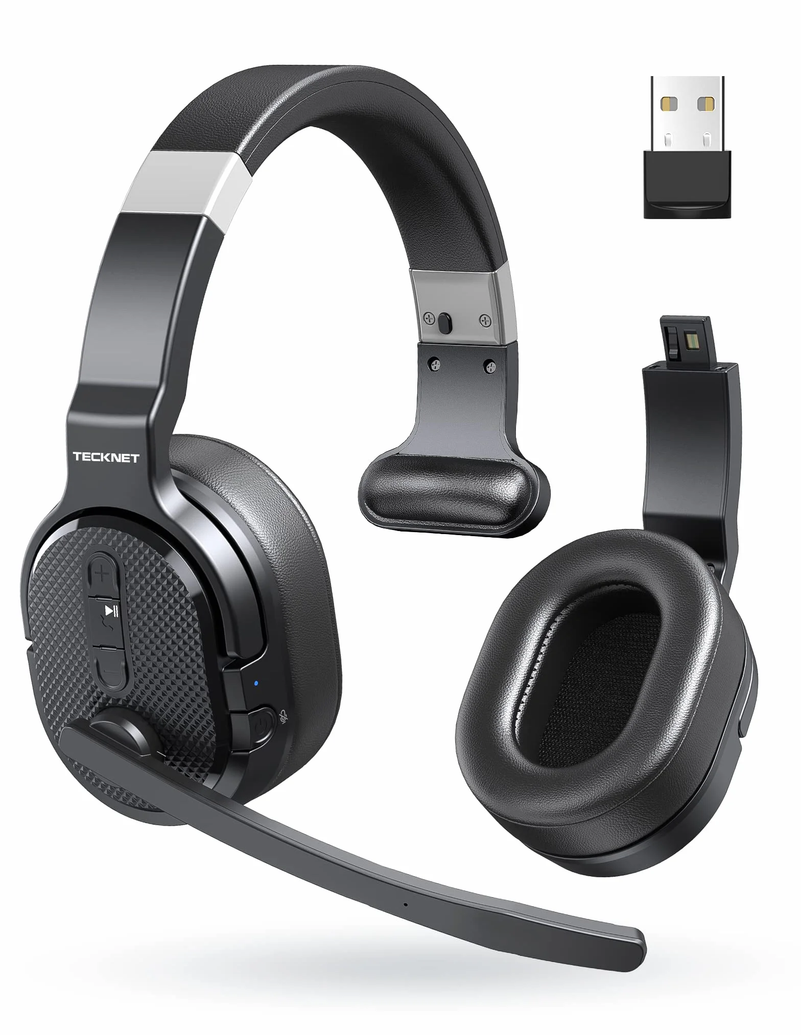 TECKNET Casque Bluetooth sans Fil avec Micro, Casque sans Fil Simple et Double Oreille avec 3 Modes de Musique EQ, Casque Anti Bruit Bluetooth ENC, pour Centres d'appels, Bureaux, Camionneurs