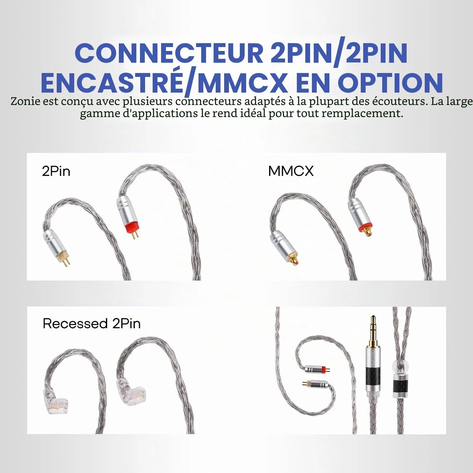 Tripowin Zonie IEM Câble 16 Fils Argenté 1,25m SPC In Ear Monitor 3,5mm 0,78mm 2pin Gris