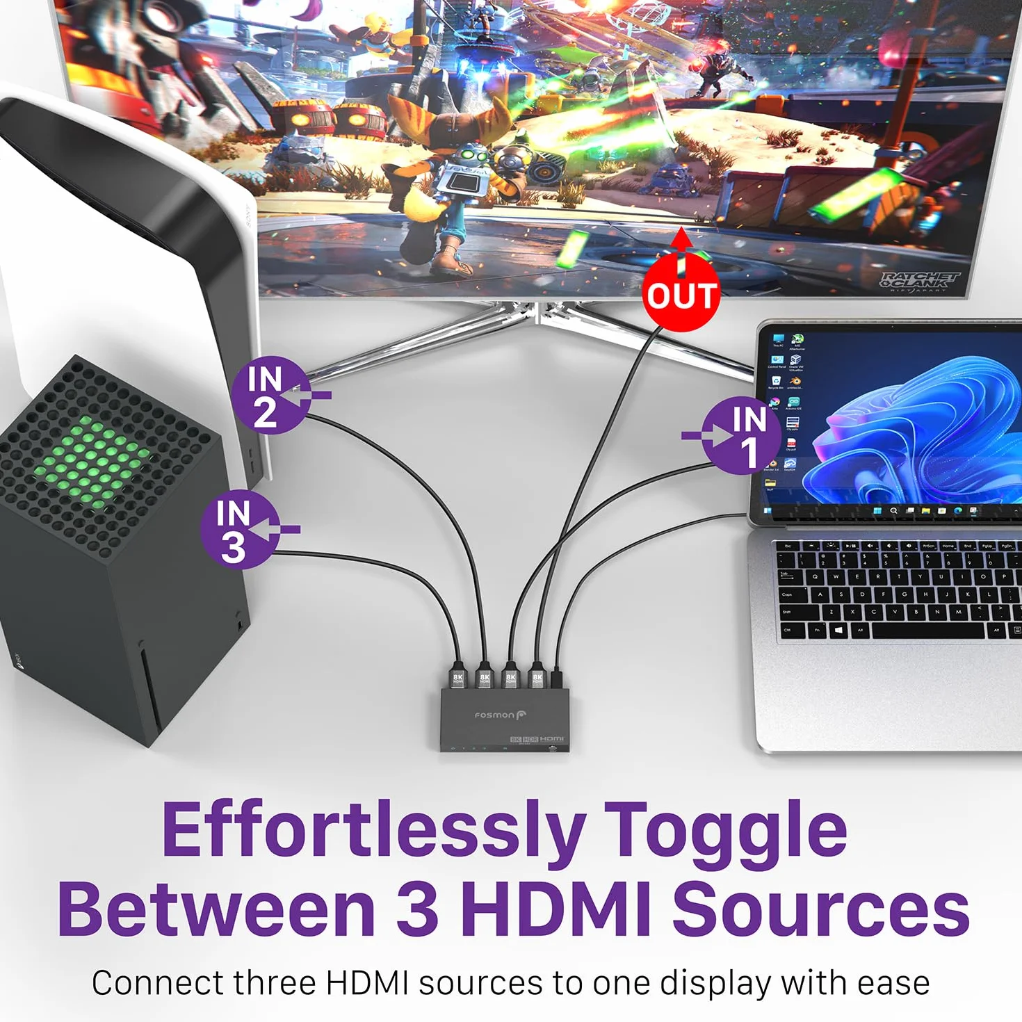 Fosmon Commutateur HDMI 8K 3 Ports avec Télécommande, 8K@60Hz 4K@120Hz HDR10+ HDCP 2.3 48Gbps, Switch HDMI 2.1 3 Entrées 1 Sortie Hub Compatible avec PS5, Xbox X|S, Apple TV, DVD, PC, Moniteur