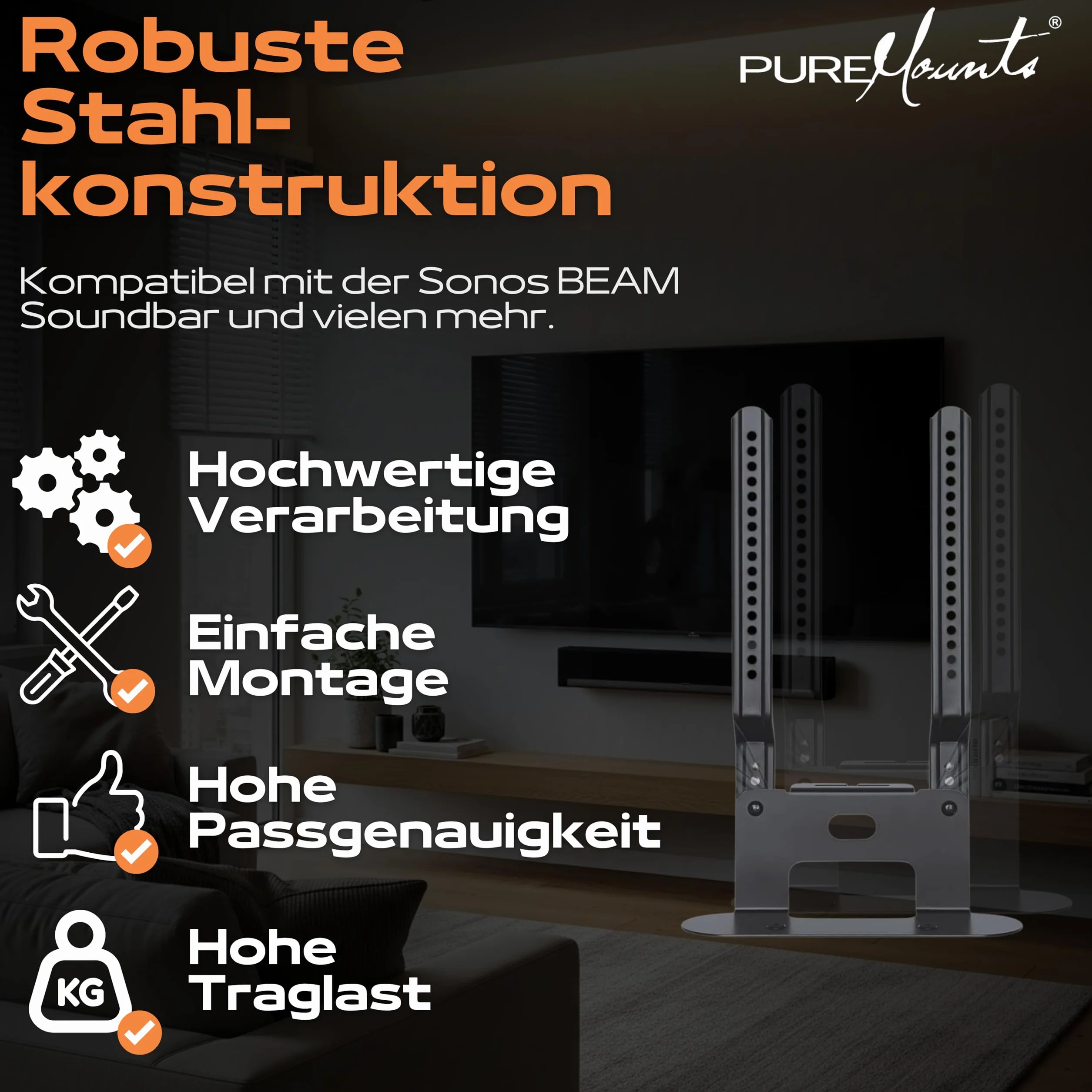 PureMounts PM-SOM-080 pour montage direct sur téléviseur compatible avec SONOS BEAM Barre de son, charge utile: 5 kg, noir