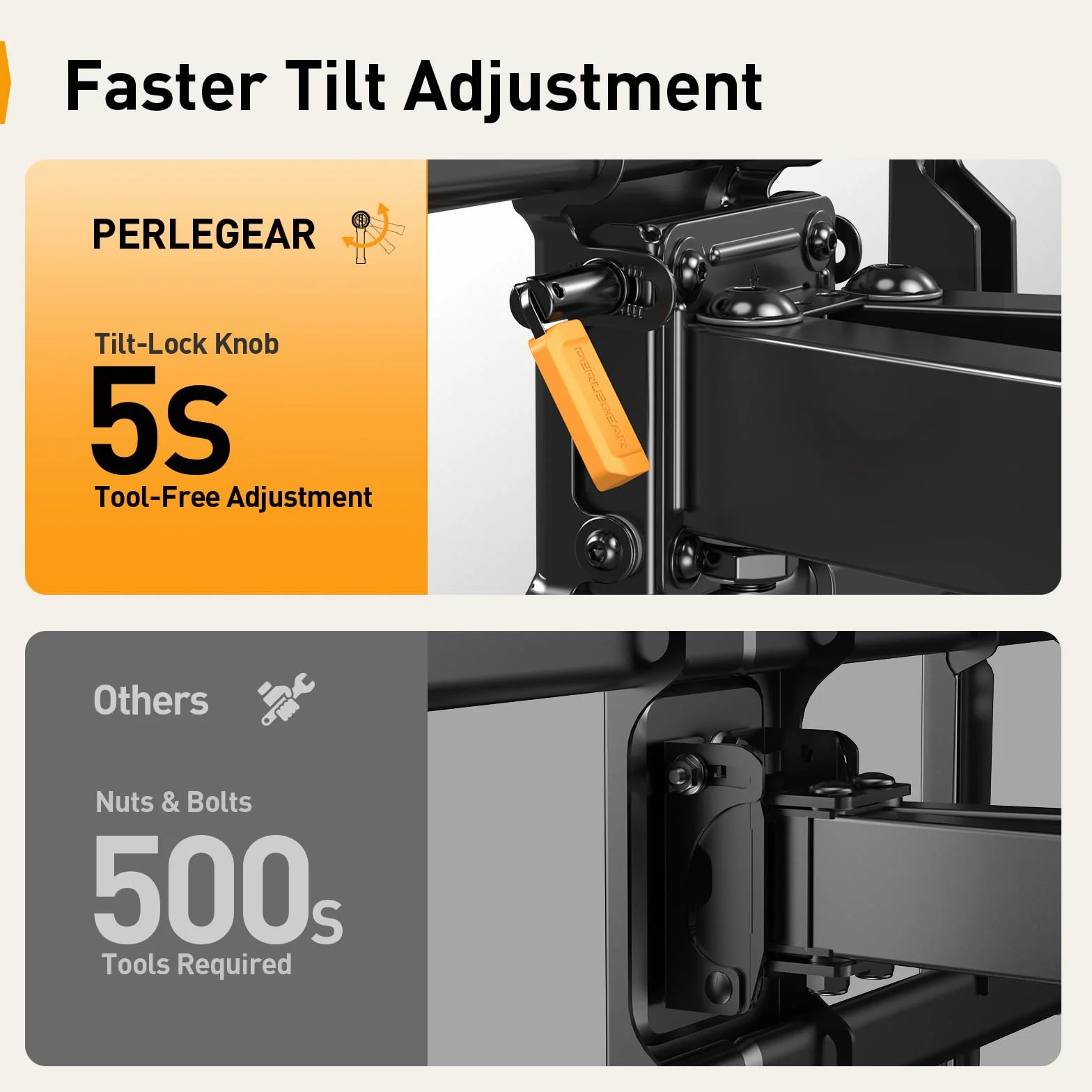 PERLEGEAR Support Mural TV à Mouvement Complet pour téléviseurs Plats ou incurvés de 32 à 85", Support TV Mural avec Inclinaison sans Outil et Gestion des câbles, jusqu'à 60 kg, Max VESA 600x400 mm