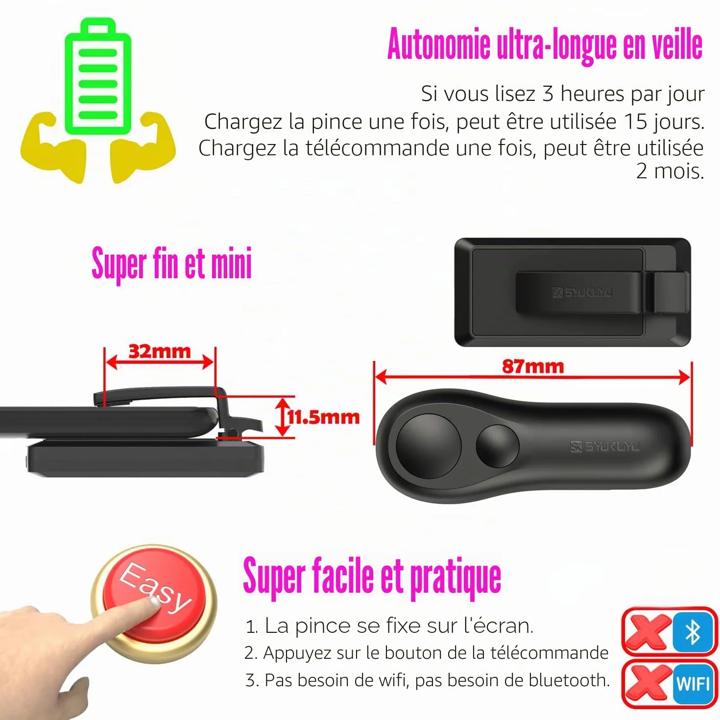 SK SYUKUYU RF Télécommande Liseuse Kobo, Kindle, Tourne Page Liseuse for iPad iPhone Android Tablets, Tourneur Page Liseuse pour Lire des Romans et Prendre des Photos(Noir)