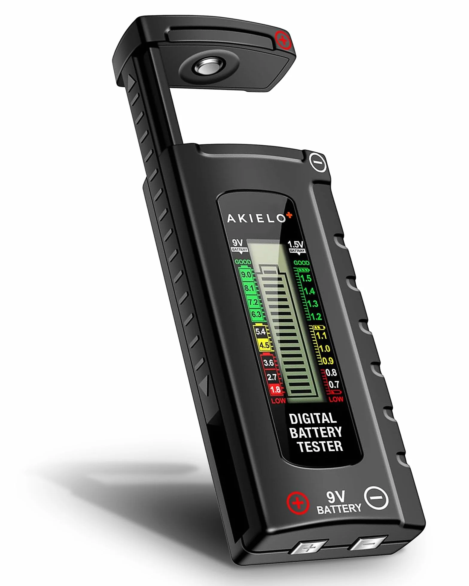 AKIELO+ Testeur Universel de Piles Numérique – Écran LCD Facile à Lire – Aucune Pile Nécessaire – Compatible AA AAA C D 9V 1,5V et Piles Bouton