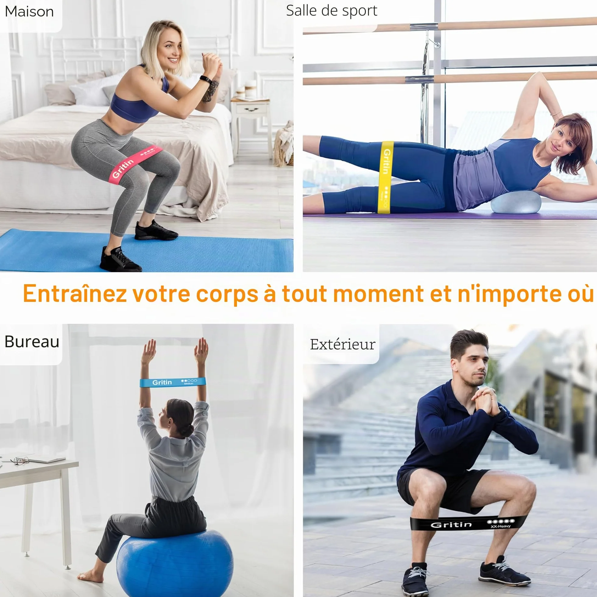 Gritin Lot de 5 Bandes Élastiques Fitness Résistance Latex Musculation Pilates Yoga 5 Niveaux Force avec Sac de Rangement