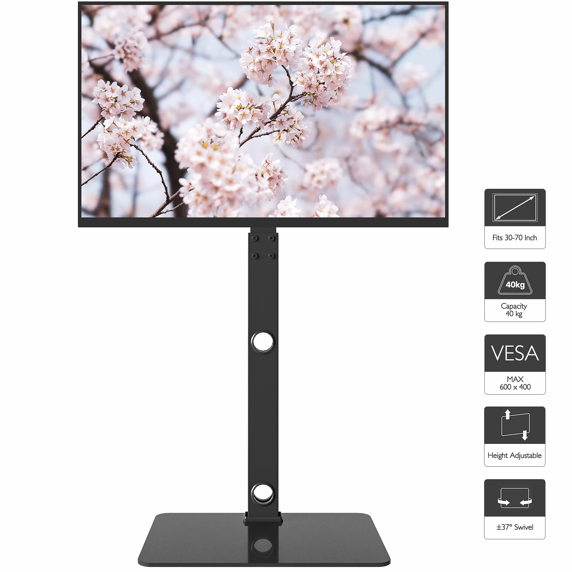 BONTEC Support TV de Sol pour Téléviseurs de 30-70 Pouces Plasma/LED/LCD/OLED Incurvés & Plats, Support TV Haut Réglable en Hauteur jusqu'à 40 kg, Max VESA 600x400 mm