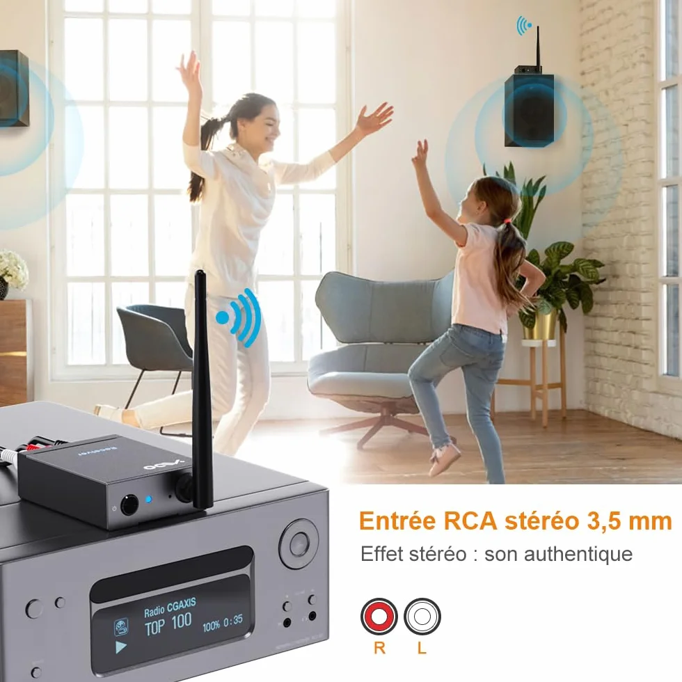 YMOO Wireless émetteur-récepteur de Transmission Audio 2,4 GHz, Adaptateur Audio Jack RCA 3,5 mm, Faible Latence 20ms, stéréo HiFi 48 kHz/24 Bits pour TV/PC vers Caisson de Basses/Haut-Parleur/ampli