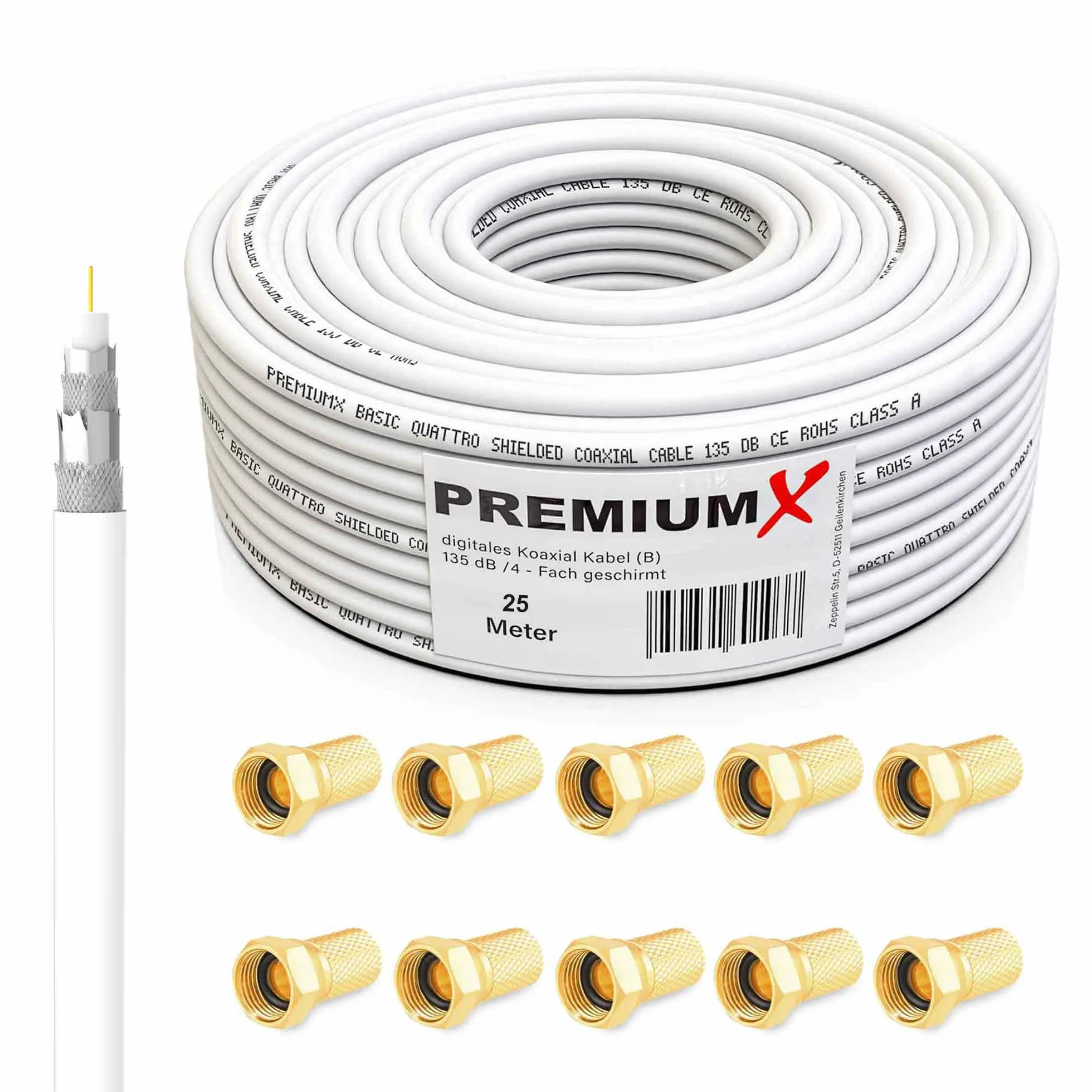 Câble coaxial Satellite SAT 25m 135dB Blindé 4 Couches Compatible DVB-S/S2 DVB-C DVB-T 4K HDTV