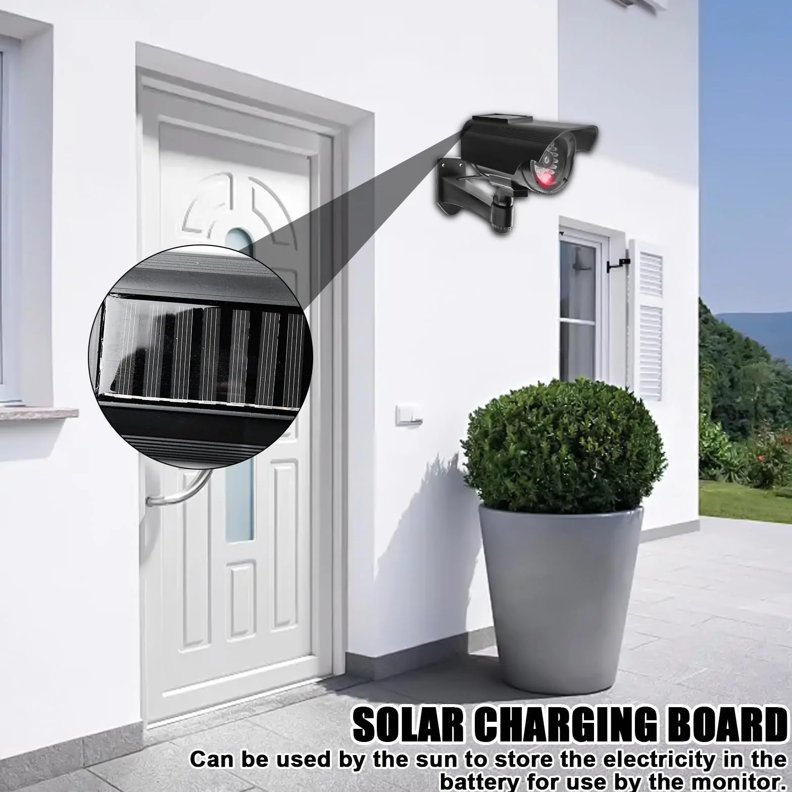 Lot de 2 caméras factices - Fonctionnement solaire - Simulée - Caméra de surveillance factice avec LED clignotante - Pour garage, arrière-cour, porte d'entrée