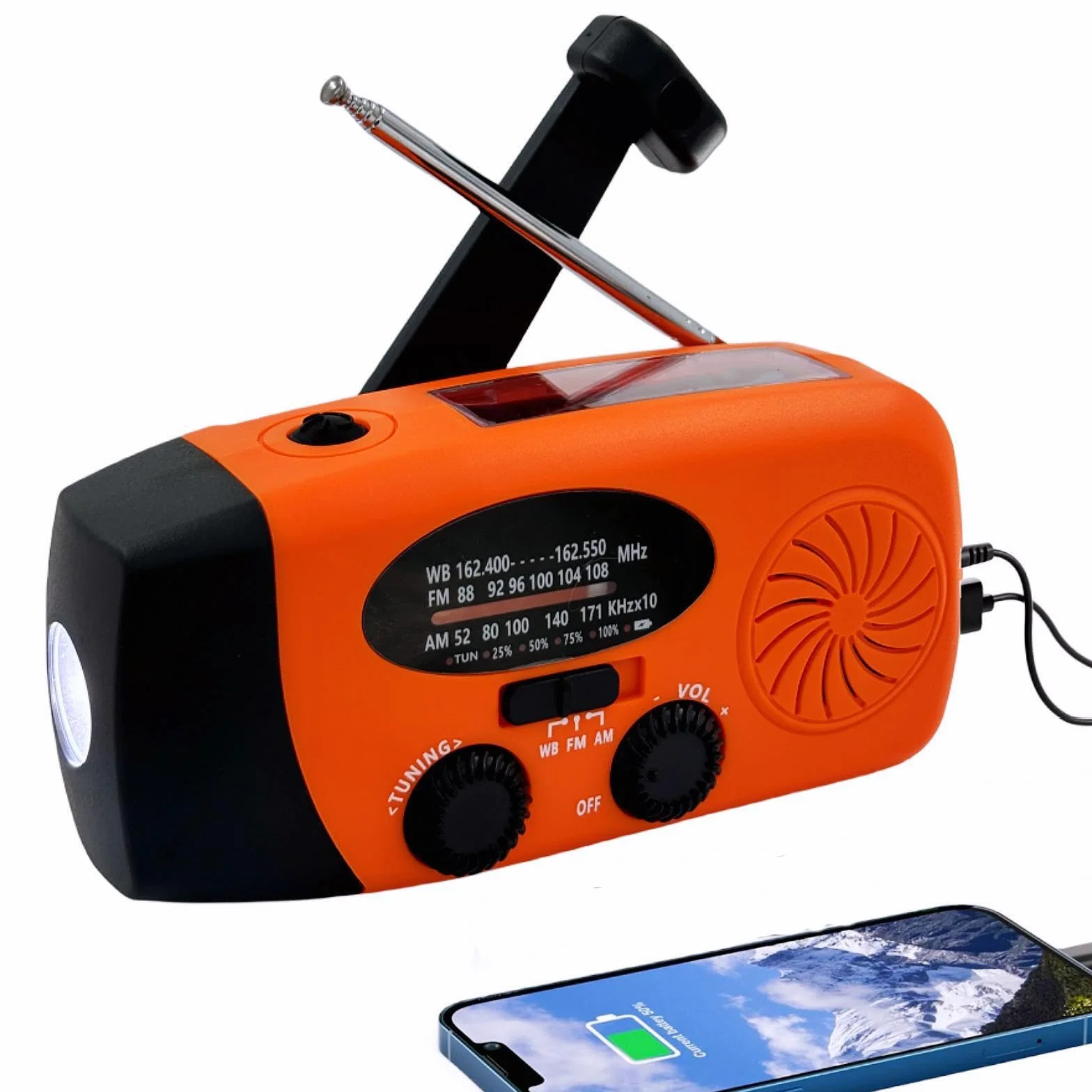 Radio Solaire 5000mAh Portable d'urgence à Manivelle Dynamo avec AM/FM Radio à Piles Dynamo, Survie Poche LED Charge de Téléphone à Manivelle pour la Randonnée et l'extérieur (Orange)