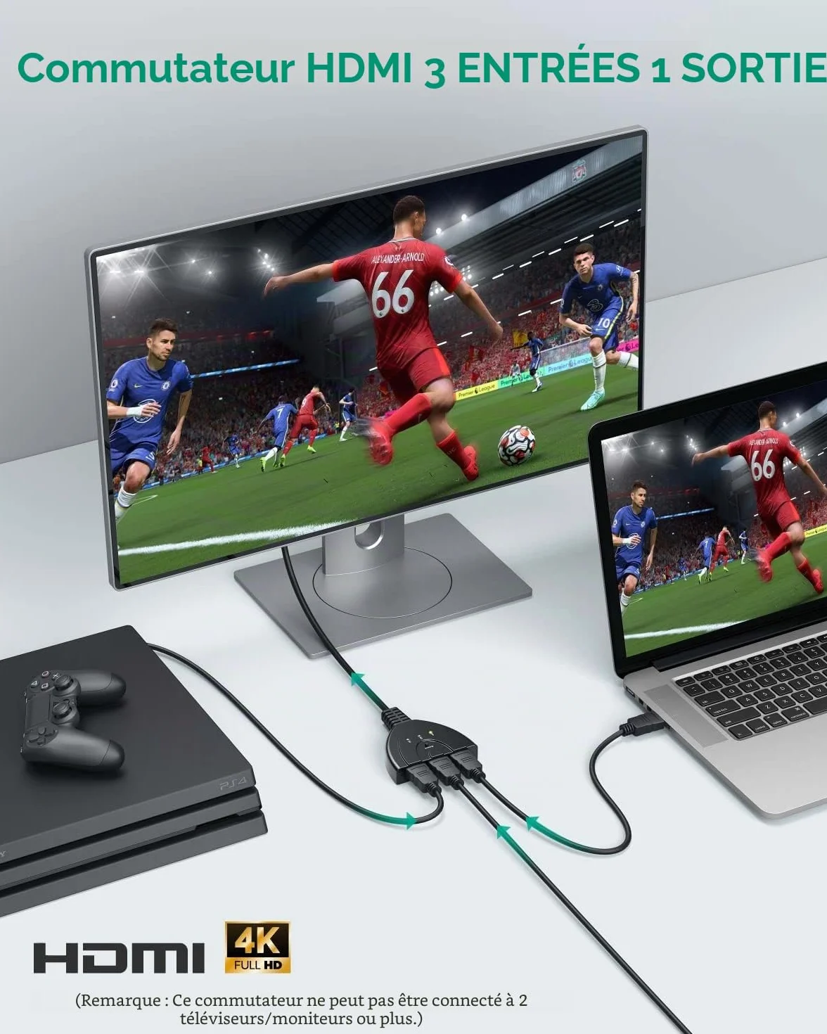 GANA HDMI Switch 3 en 1, 3 Ports Commutateur HDMI Sélecteur Splitter Manuel, Full HD 4K 3D