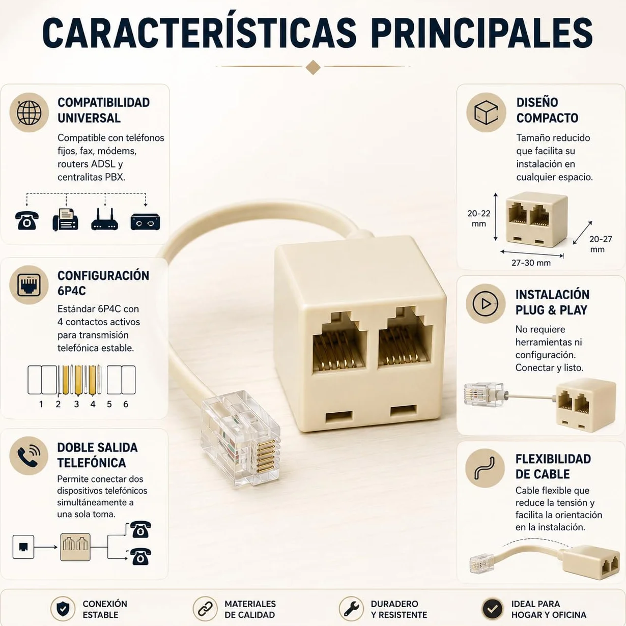 CABLEPELADO Répartiteur de téléphone 6P4C RJ11 mâle vers double RJ11 | Adaptateur avec câble - Beige