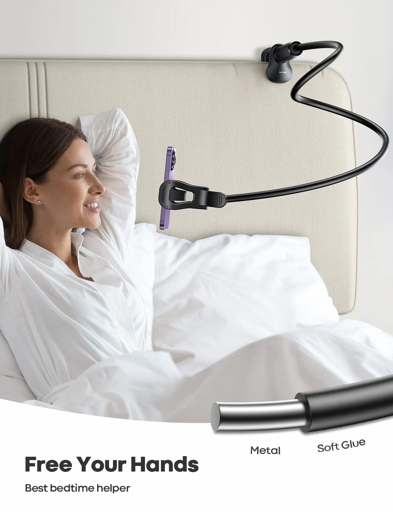 Lamicall Support Téléphone avec Col de Cygne, [80mm Base Clip] Rotation à 360°, avec Bras Flexible, Support Téléphone Lit pour iPhone 17/16/15/14/13/12/11 Series, Samsung, Autres Smartphones 4-7”