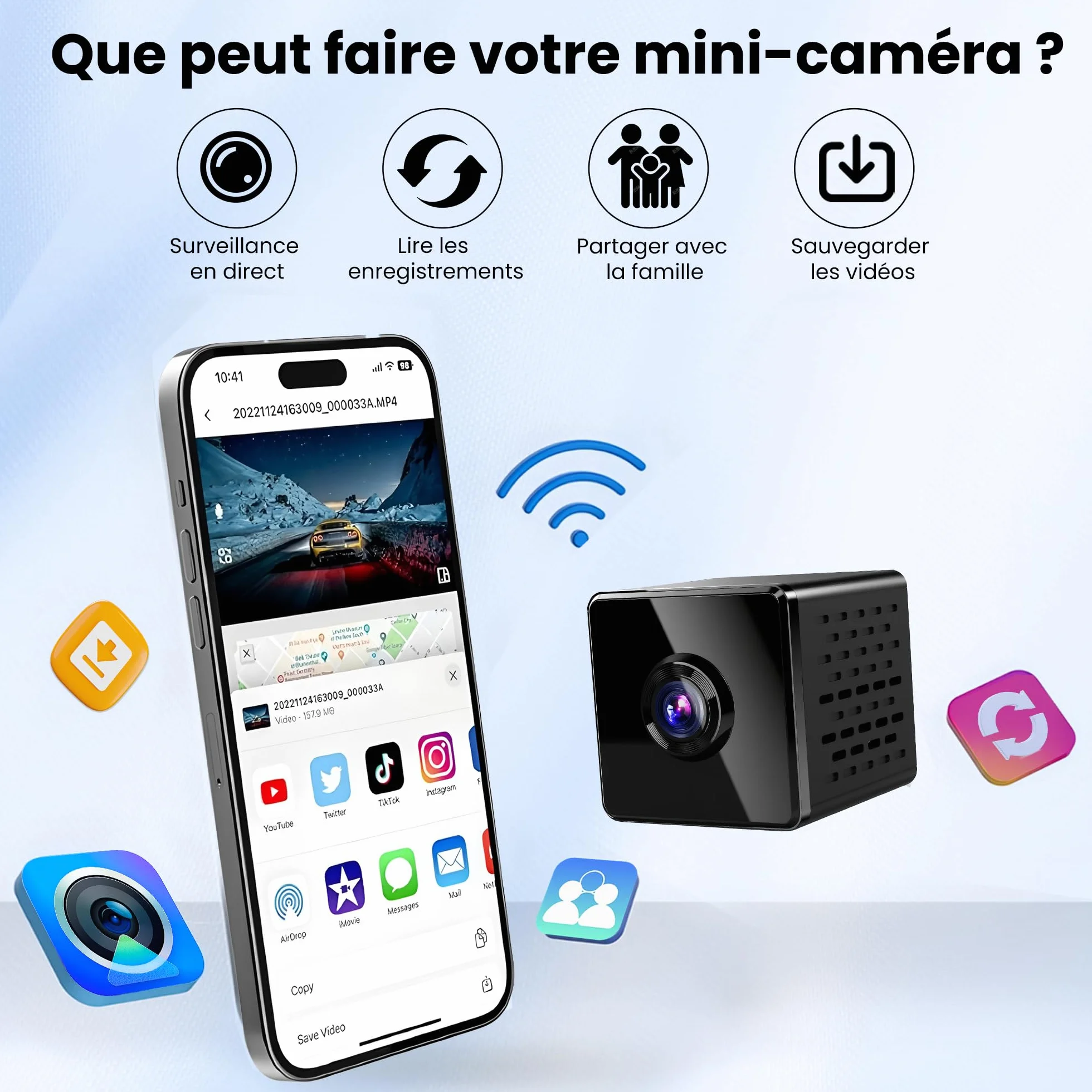 Caméra Espion Mini 4K Vision Nocturne WiFi - Caméra de Sécurité Intérieure Détection de Mouvement - Stockage Cloud Carte SD Batterie Intégrée