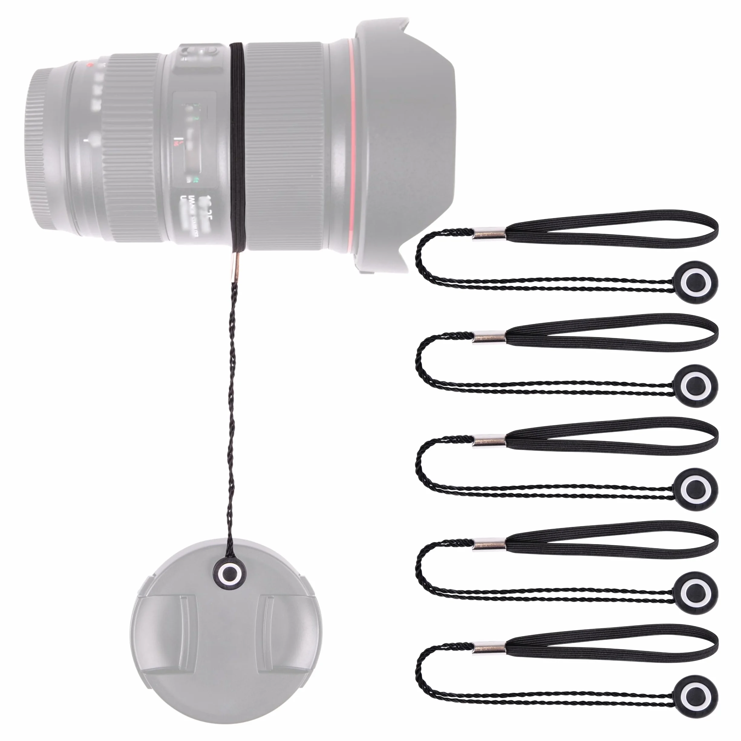 Lens-Aid - Cordon avec adhésif pour Cache-objectifs - avec adhésif en Caoutchouc Universel, Convient à Canon, Nikon, Fuji, Tamron, Sigma, Olympus, Pentax (Set de 5 pcs)