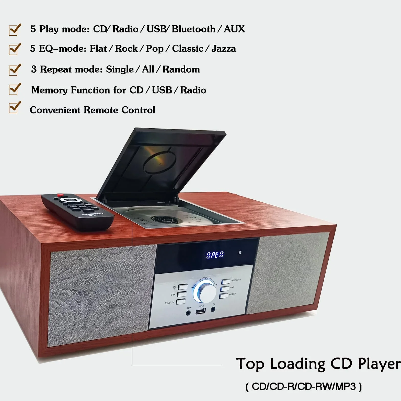 WISCENT Chaîne Hi-Fi Stéréo Bluetooth 30W RMS Lecteur CD Radio FM USB AUX