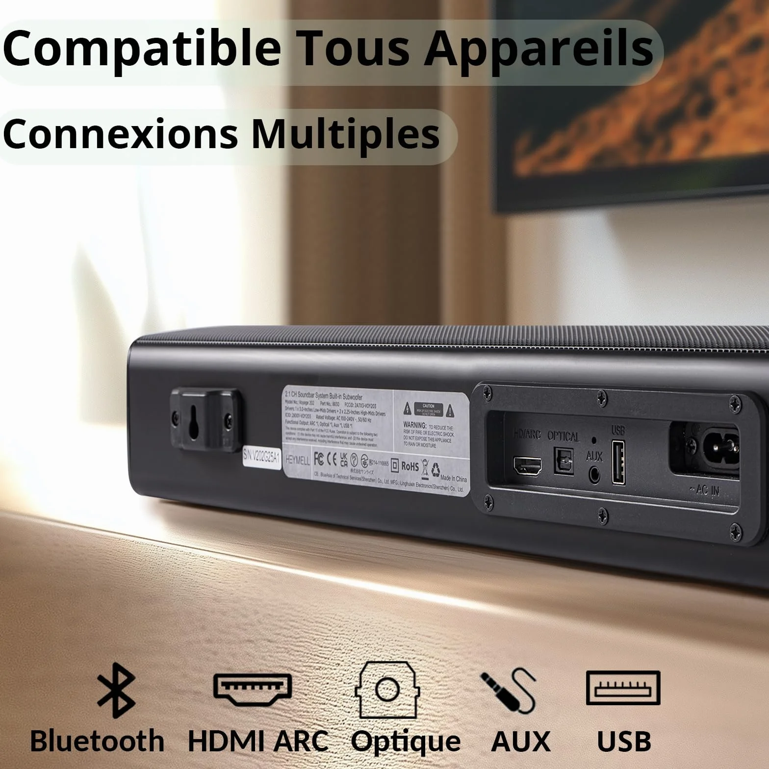 Barre de Son TV 120W 2.1ch Bluetooth 60cm HDMI Arc Caisson de Basse Mural