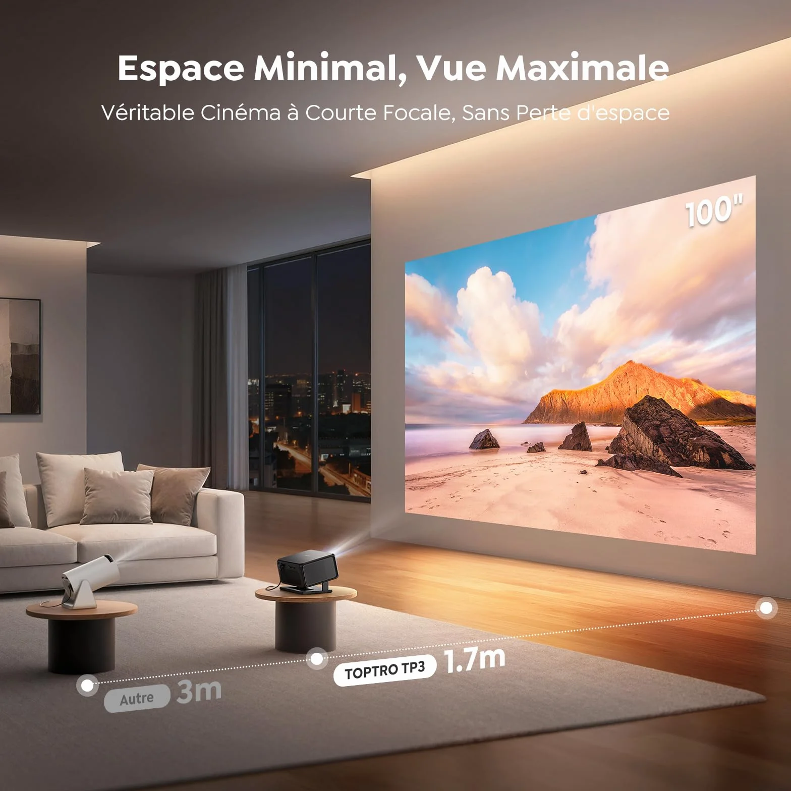 Vidéoprojecteur 4K【Google TV/Auto Focus/Keystone】Mini Projecteur Portable FHD 1080P Courte Focale, Contrôle Vocal, TOPTRO Rétroprojecteur Portable avec WiFi6, Bluetooth 5.4, Zoom 50 % pour Home Cinéma