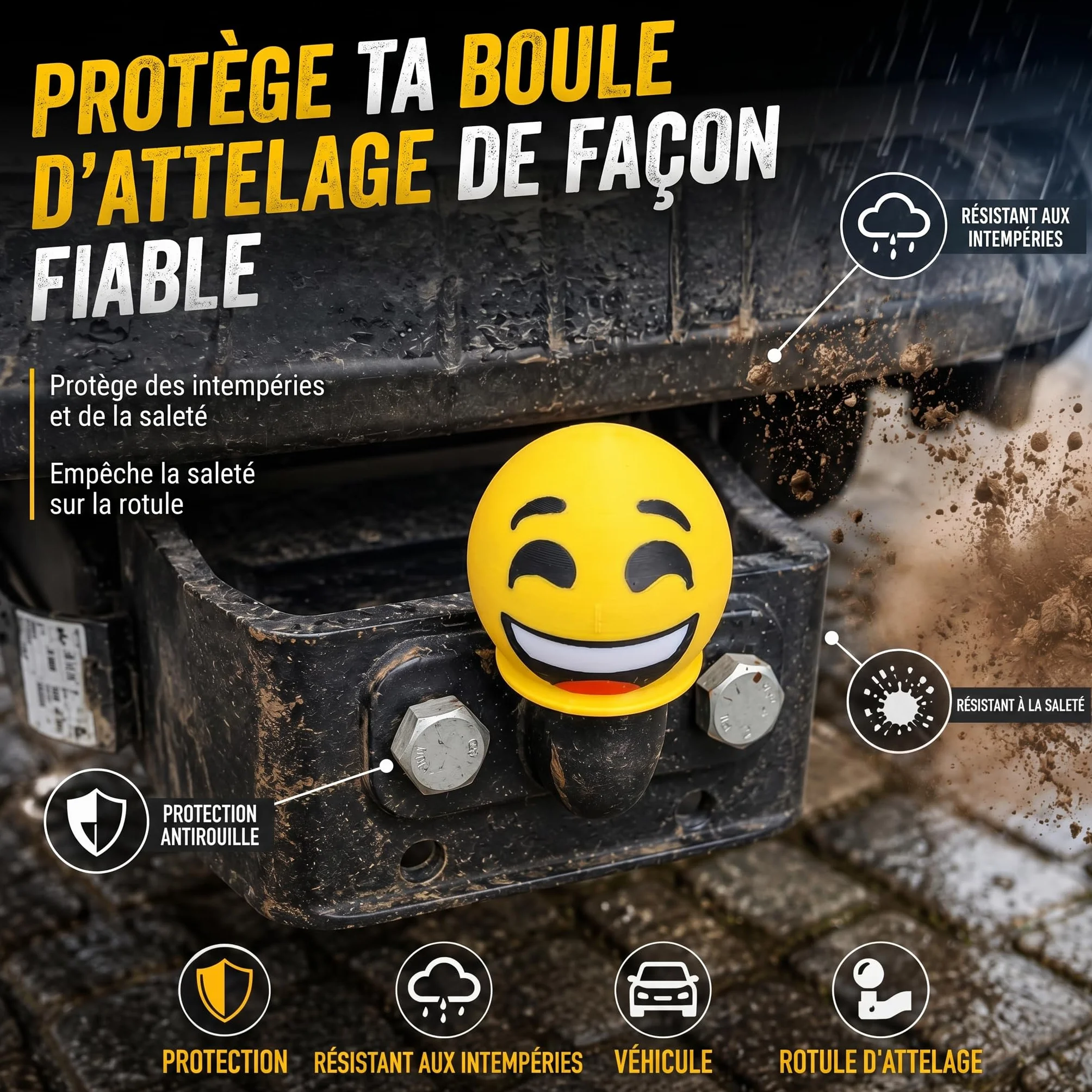 Couvercle d'attelage Smiley 50 mm - Capuchon de protection universel pour voiture, SUV, remorque