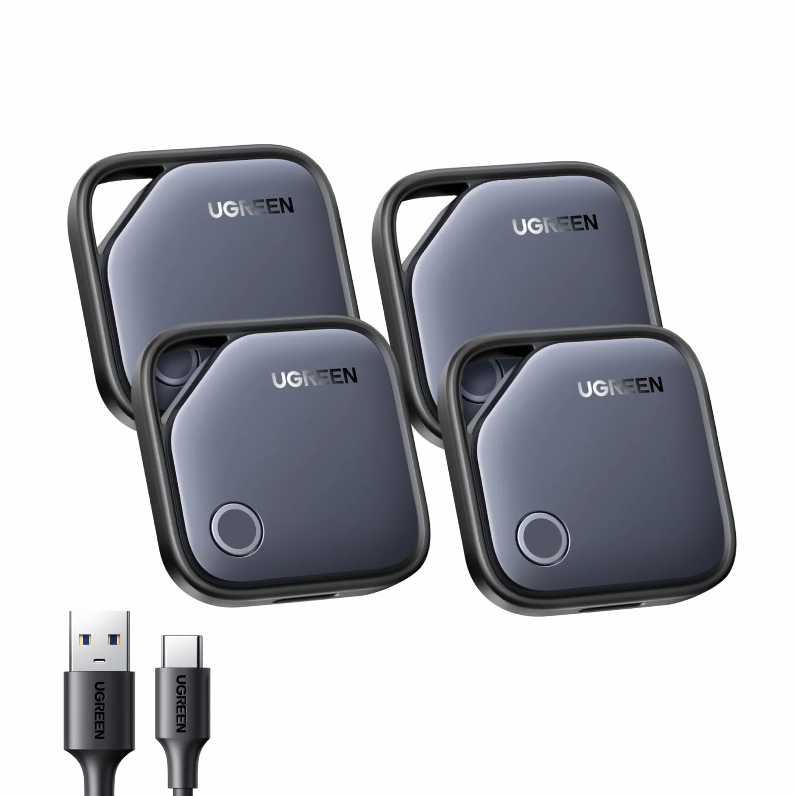 UGREEN FineTrack Tag Traceur Fonctionne avec Find My (iOS Uniquement) Chargement USB C Localisateur d'Objets Bluetooth pour Clés Valises Portefeuilles Wallet Bagages Sacs avec Câble USB C Lot de 4