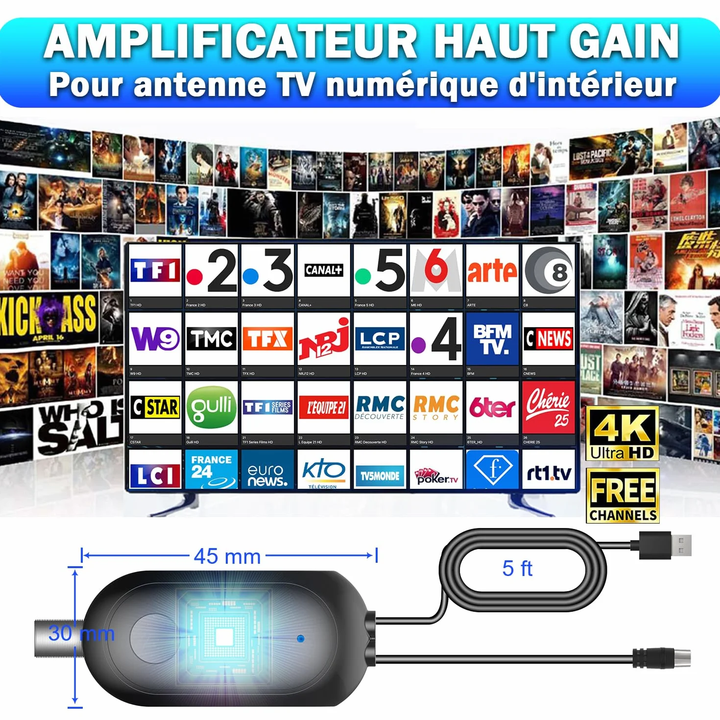 Amplificateur Antenne TV Booster Signal TNT DVB-T2 Compatible Télévision Numérique Full HD 4K UHD