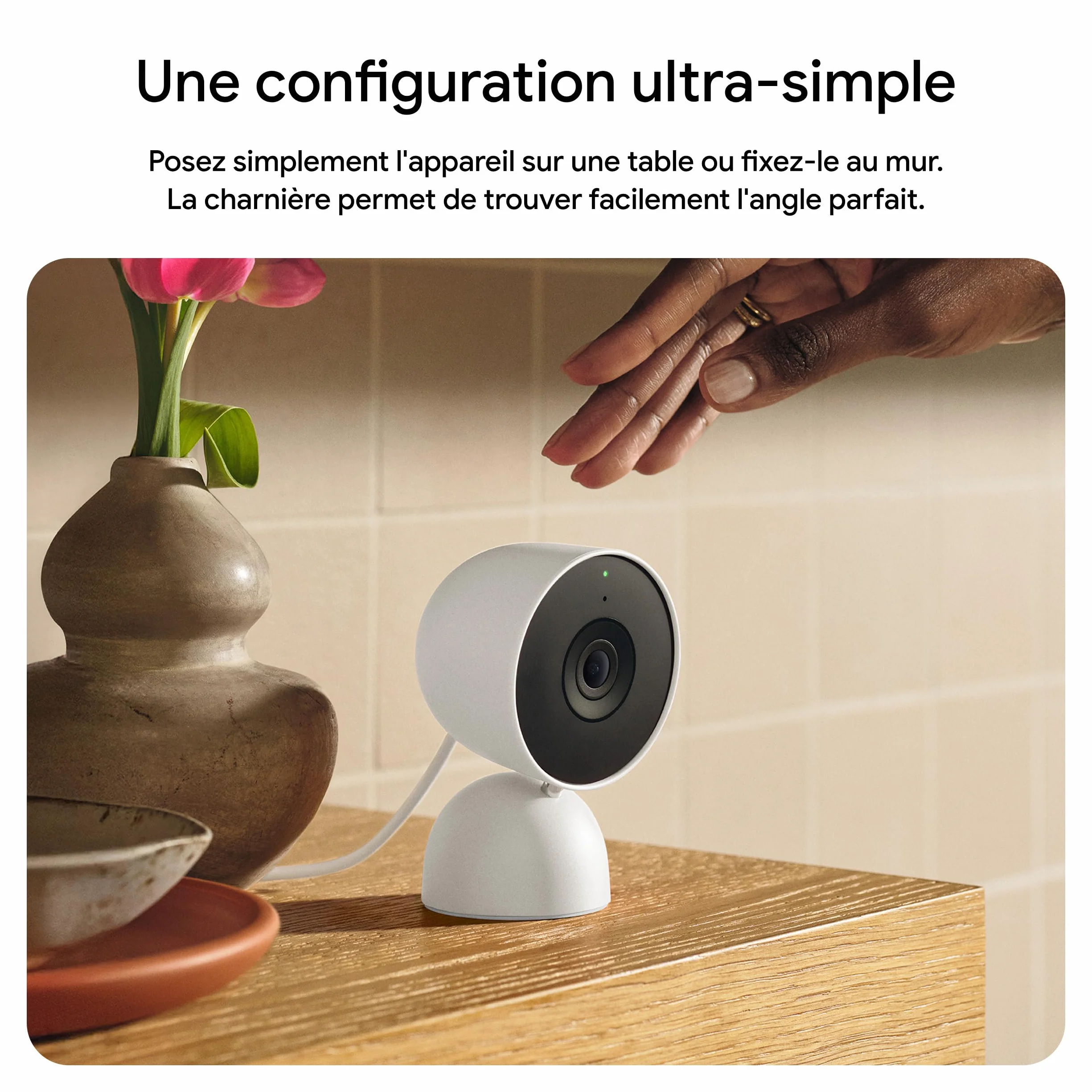 Google Nest Cam Intérieur (Filaire, 3e génération) - Caméra de sécurité intérieure avec vidéo 2K - Fonctionne avec Google Home - Neige