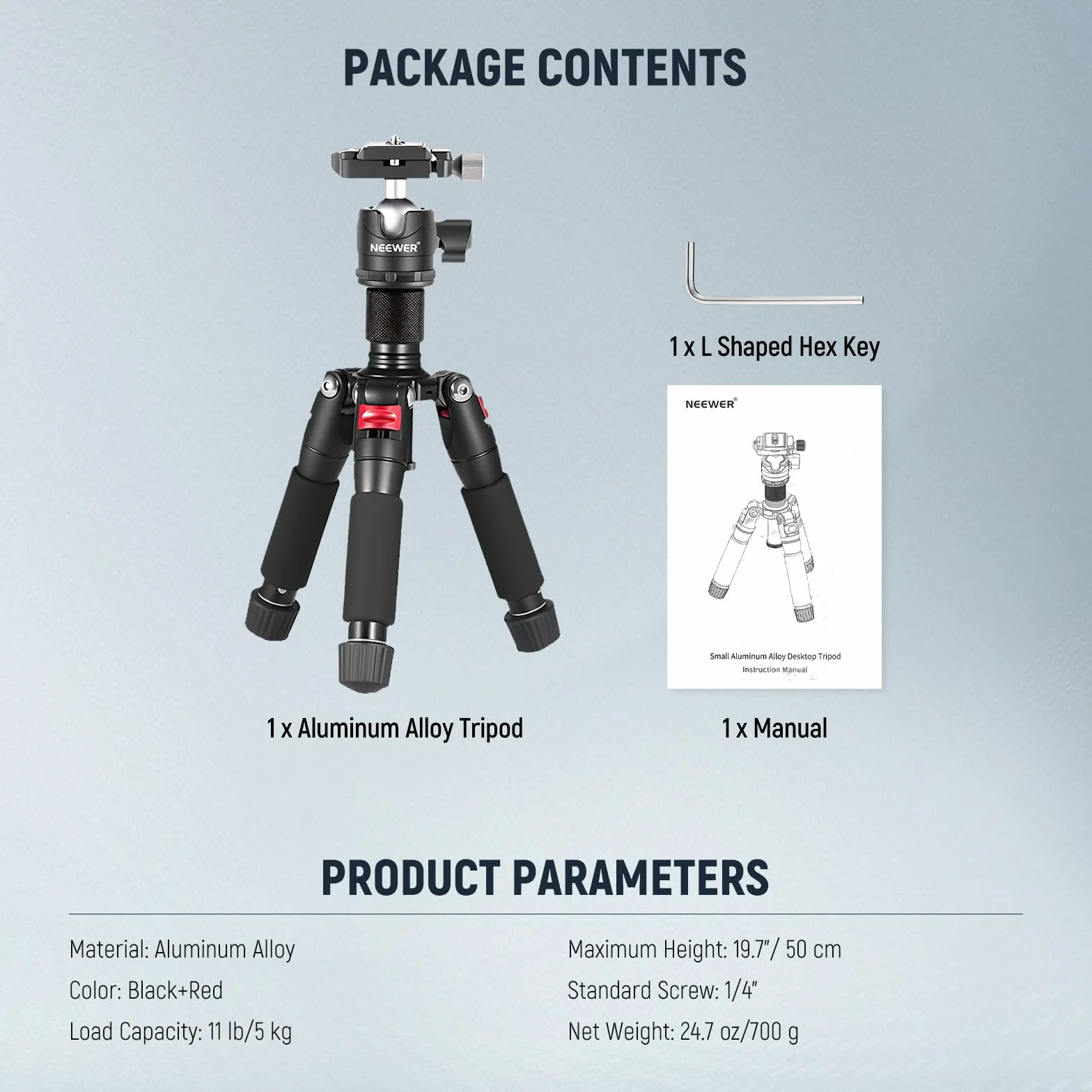 NEEWER Mini Trépied pour Appareil Photo avec Rotule à 360° en Alliage d'Aluminium 20"/50cm 1/4" Plaque Rapide de Type Arca,Trépied de Voyage de Bureau Portable pour Caméscope DSLR, Charge Max:11lb/5kg
