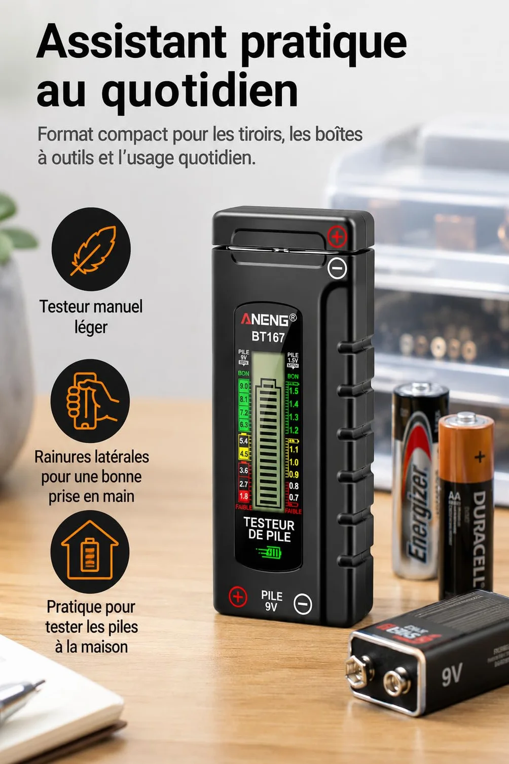 VOBOR Testeur de Piles Numérique Universel, Écran LCD, Battery Tester pour Piles AA AAA C D 9V 1,5V Pile Bouton