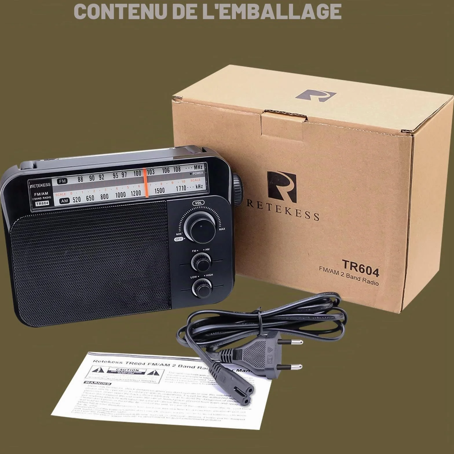 Retekess TR604 Radio Portable FM, Poste Radio Pile et Secteur, Excellente Réception Antenne, Transistor, Enceinte, Prise Casque, Grand écran,en Cadeau, pour Personnes Âgées