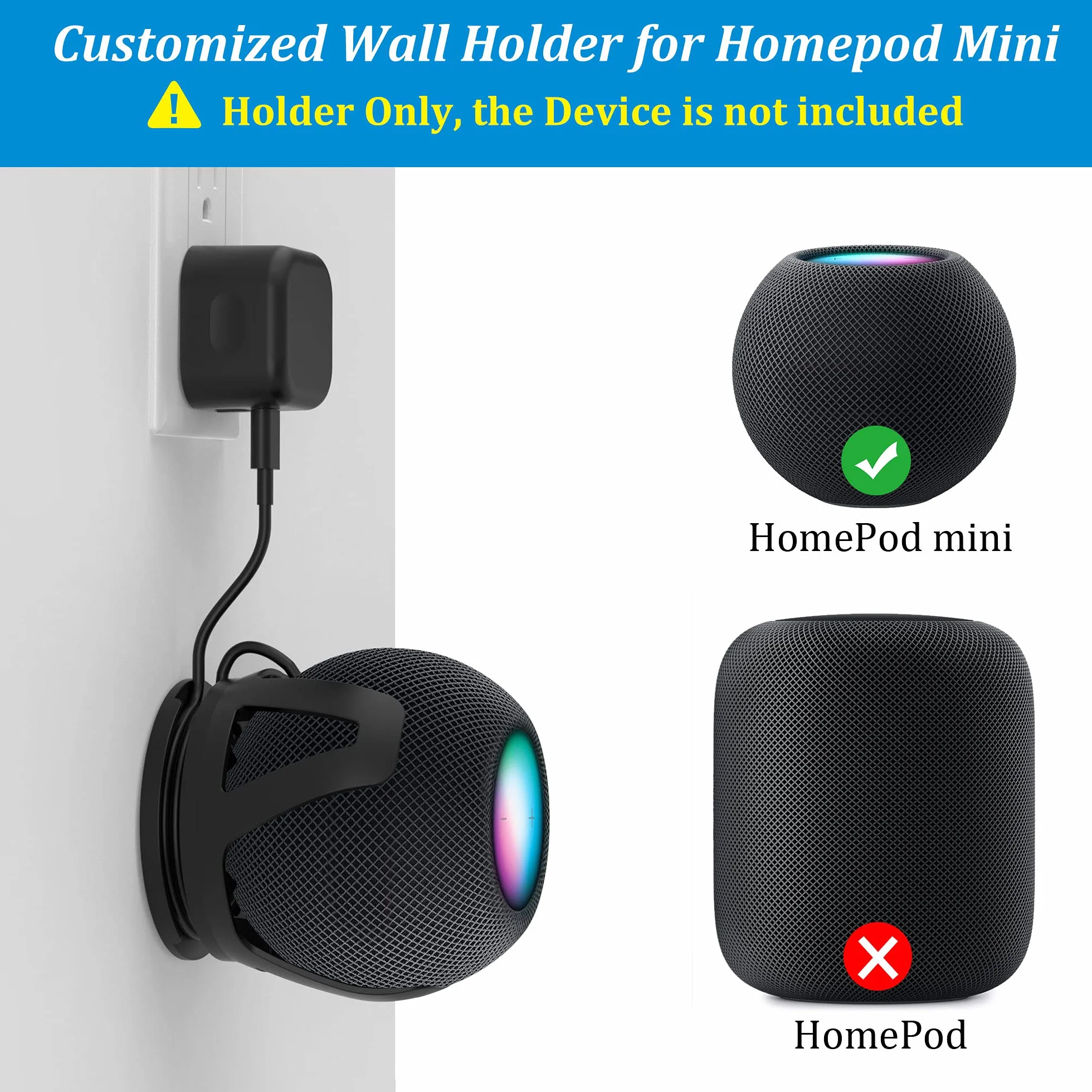 PlusAcc Lot de 2 support muraux pour Homepod Mini – Support avec 2 méthodes d'installation, gestion des cordons intégré, adapté pour chambre à coucher, cuisine, salon, noir