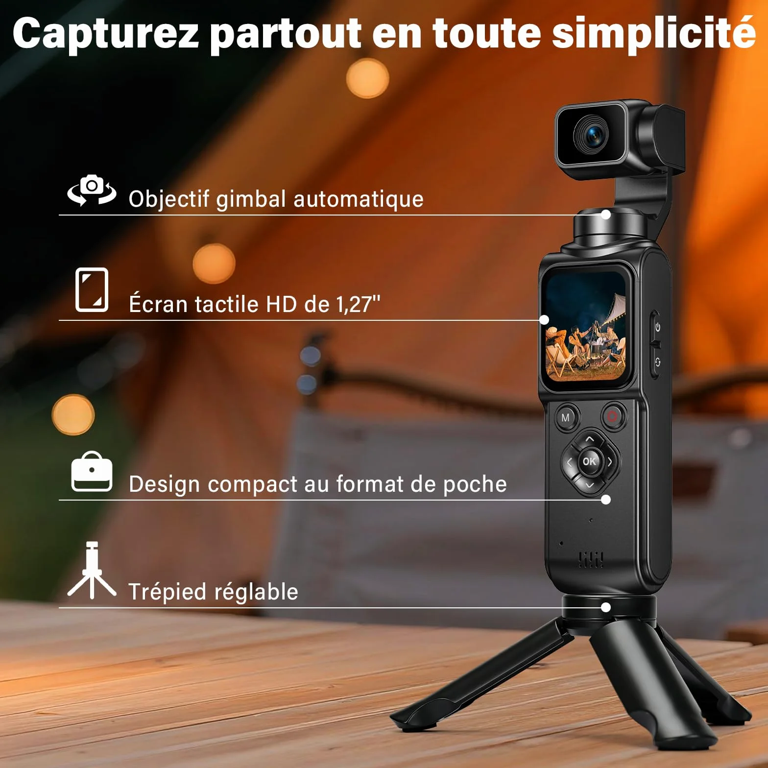 Caméra Vlog 4K Stabilisée avec Gimbal 2 Axes, Écran Tactile, Carte 64Go, Suivi Facial, 200 Min, Compacte Sport Vlog