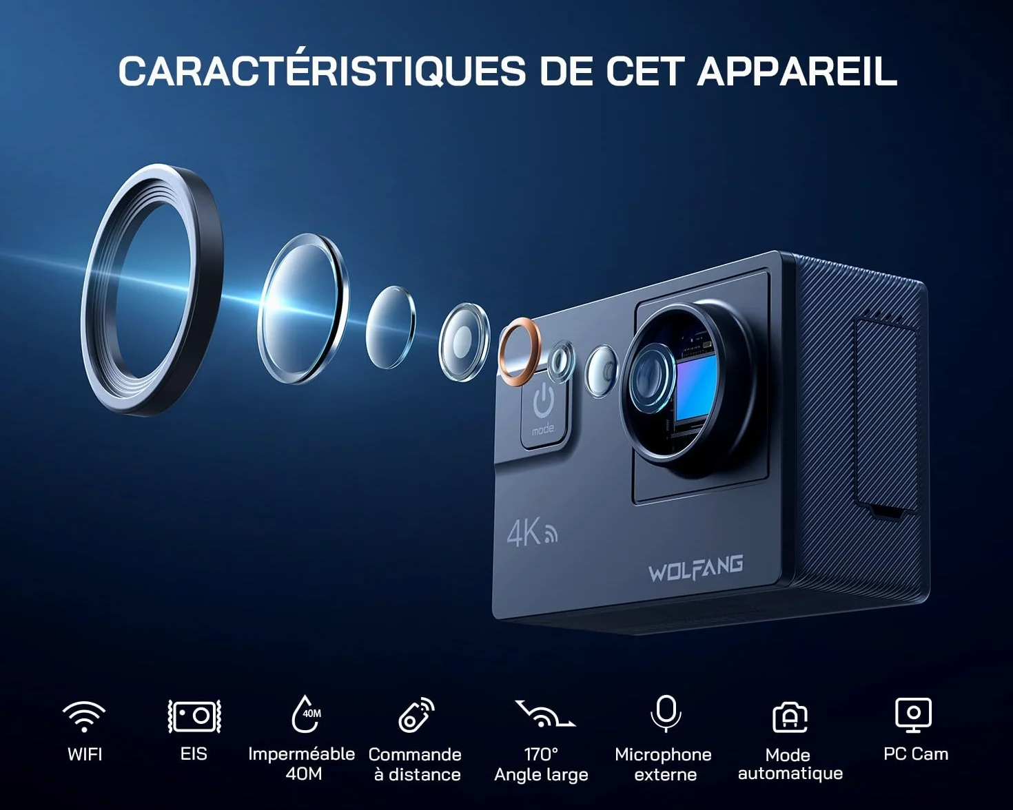 WOLFANG Caméra Sport 4K 60FPS, GA300 24MP Grand Angle Écran Tactile WiFi Caméra Étanche, Zoom 8X Stabilisateur EIS Appareil Photo (Microphone, Télécommande, 2 Piles 1350mAh et Kit d'accessoires)